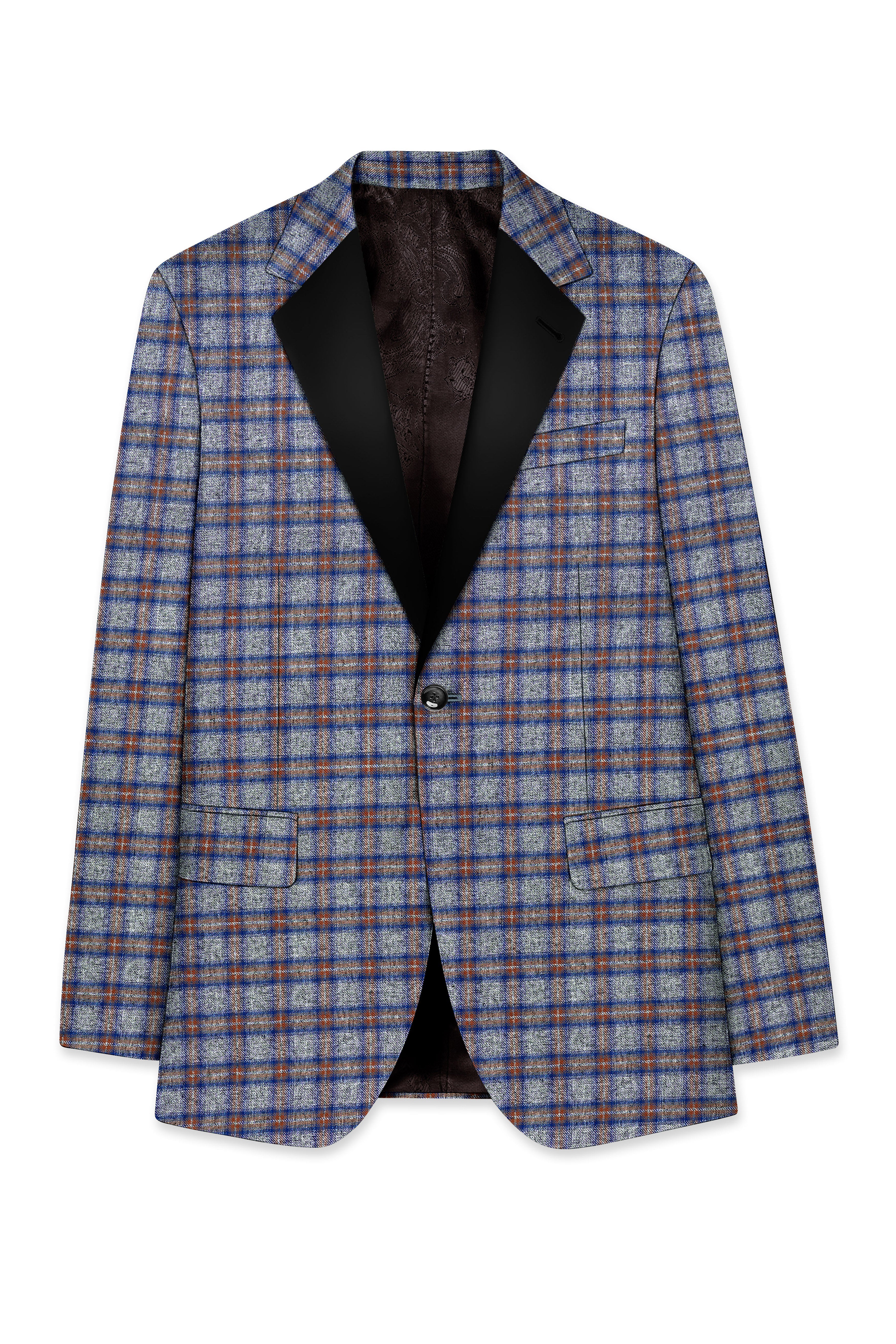 Fuscous Gray Checkered Single Breasted Black Lapel Designer Blazer