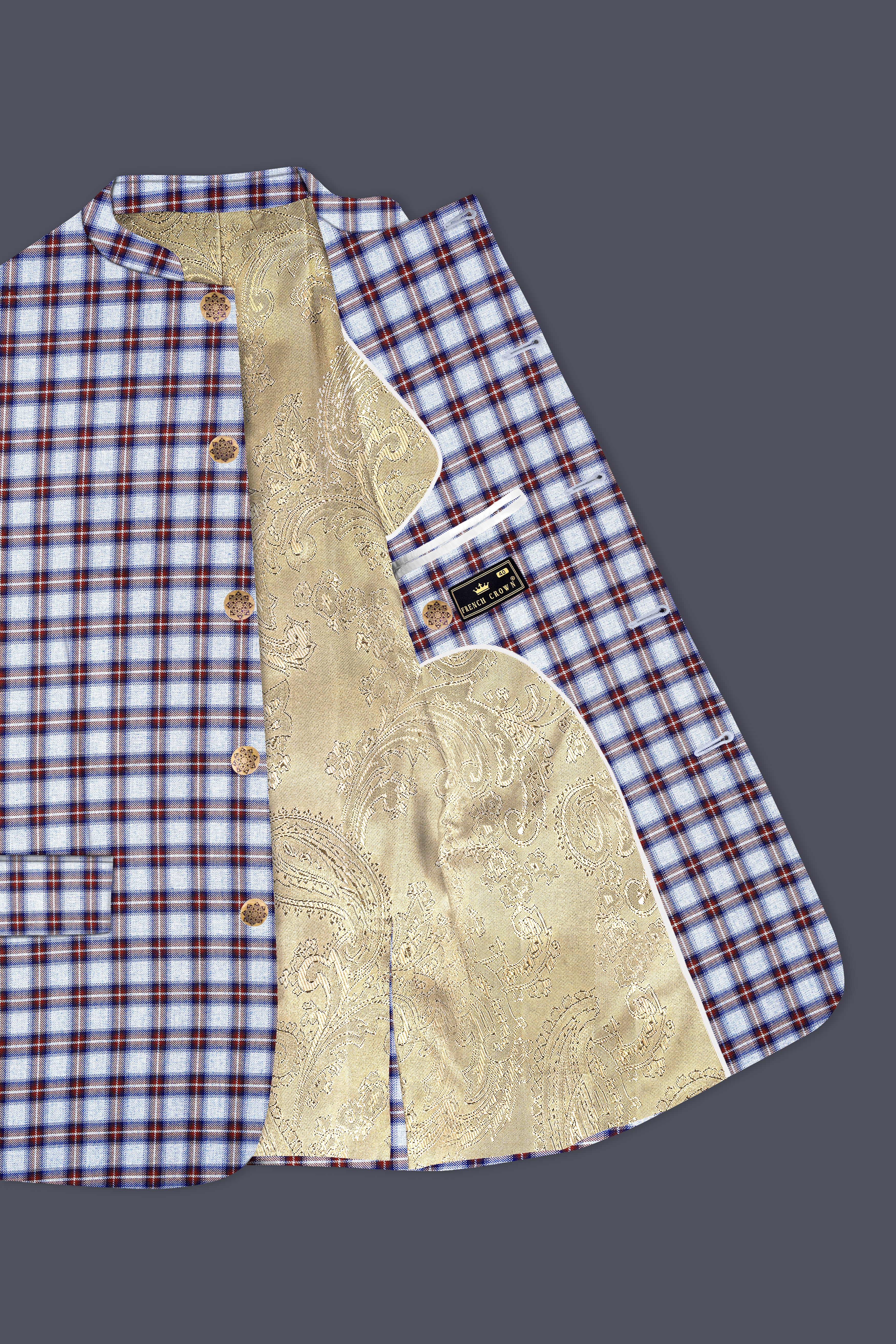 Chateau Blue with Cocoa Brown Plaid Bandhgala Blazer