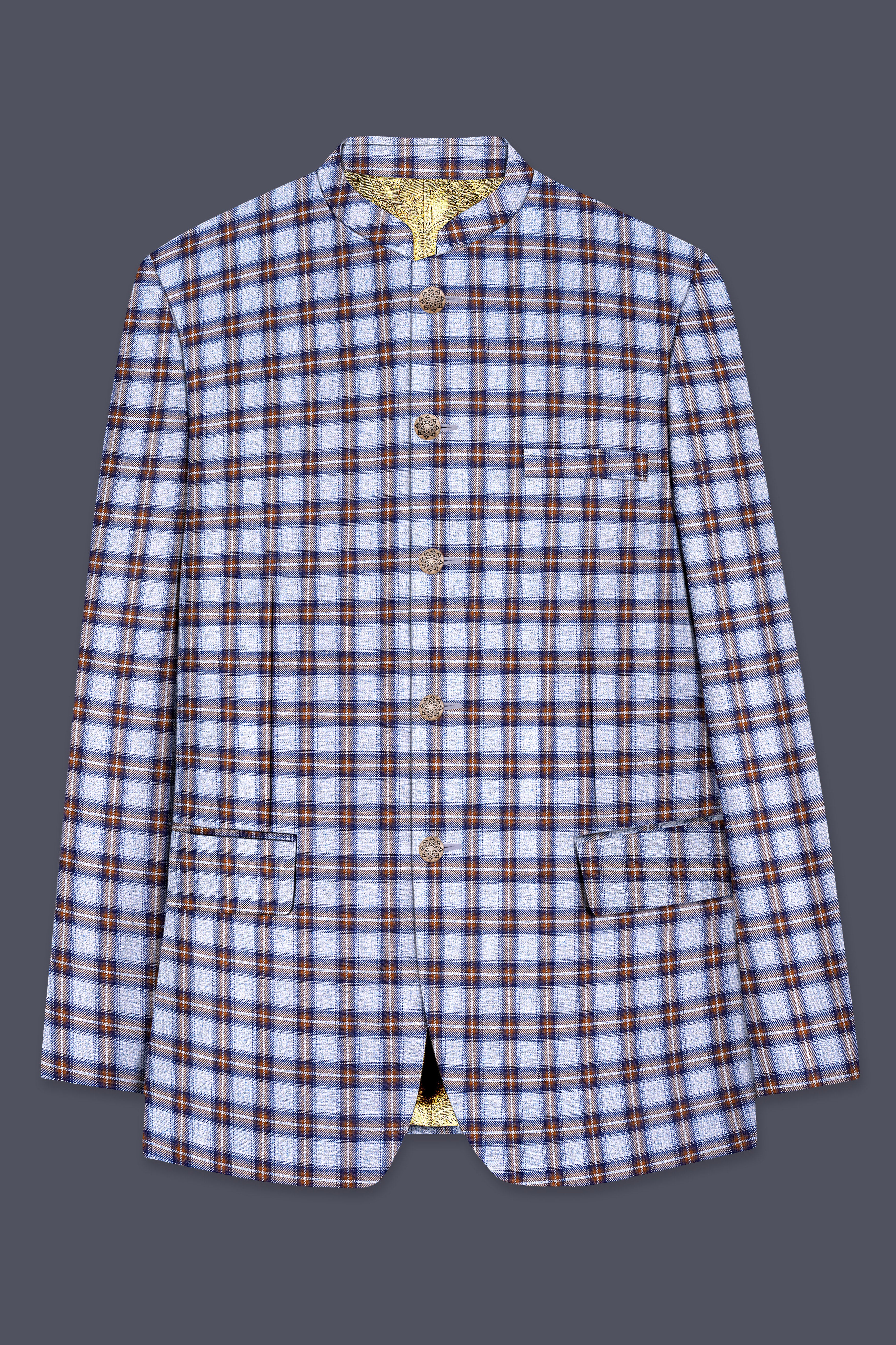 Chateau Blue with Cocoa Brown Plaid Bandhgala Blazer