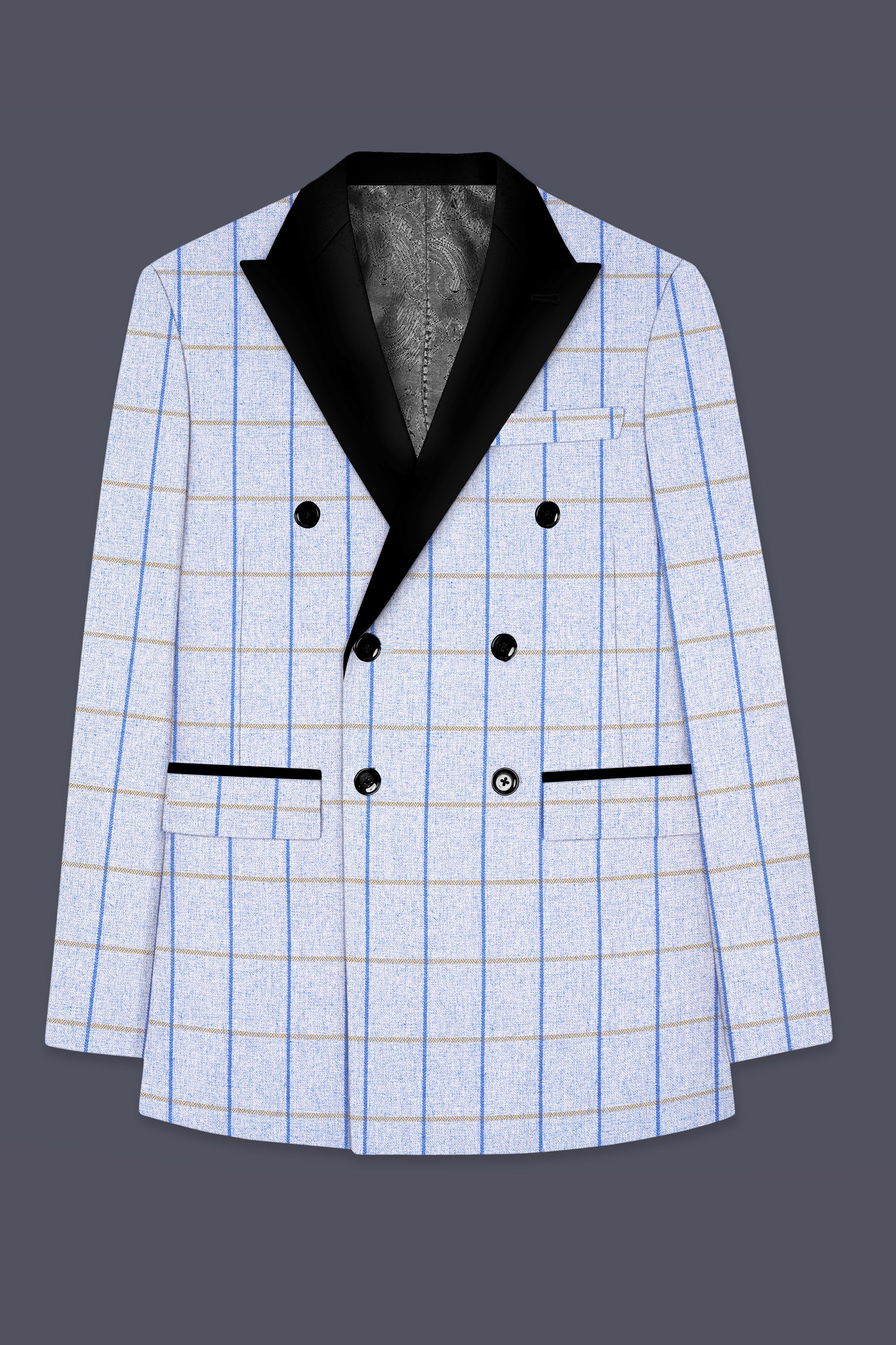 Mobster Blue Checkered Double Breasted Black Lapel Designer Blazer