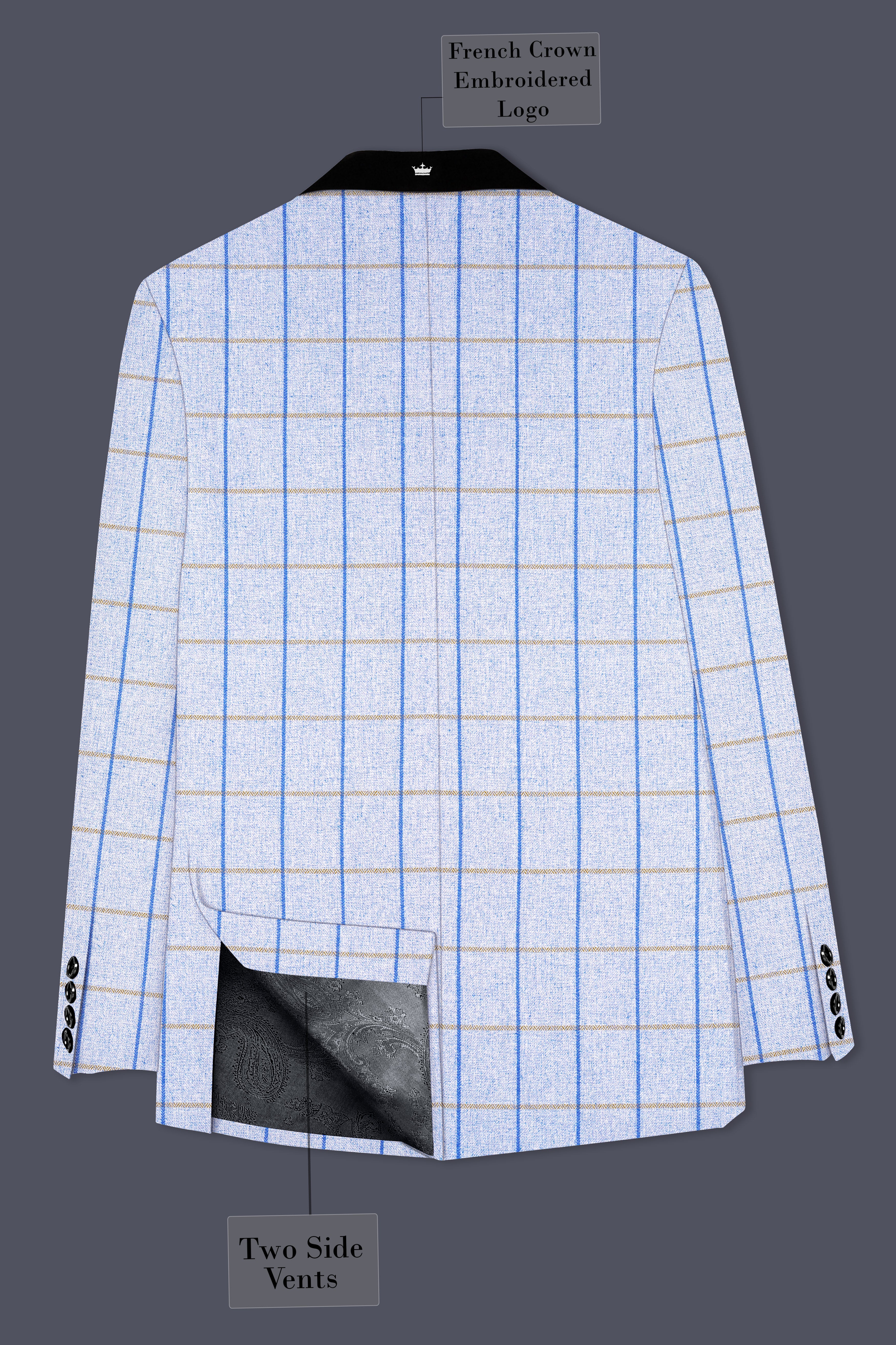 Mobster Blue Checkered Double Breasted Black Lapel Designer Blazer