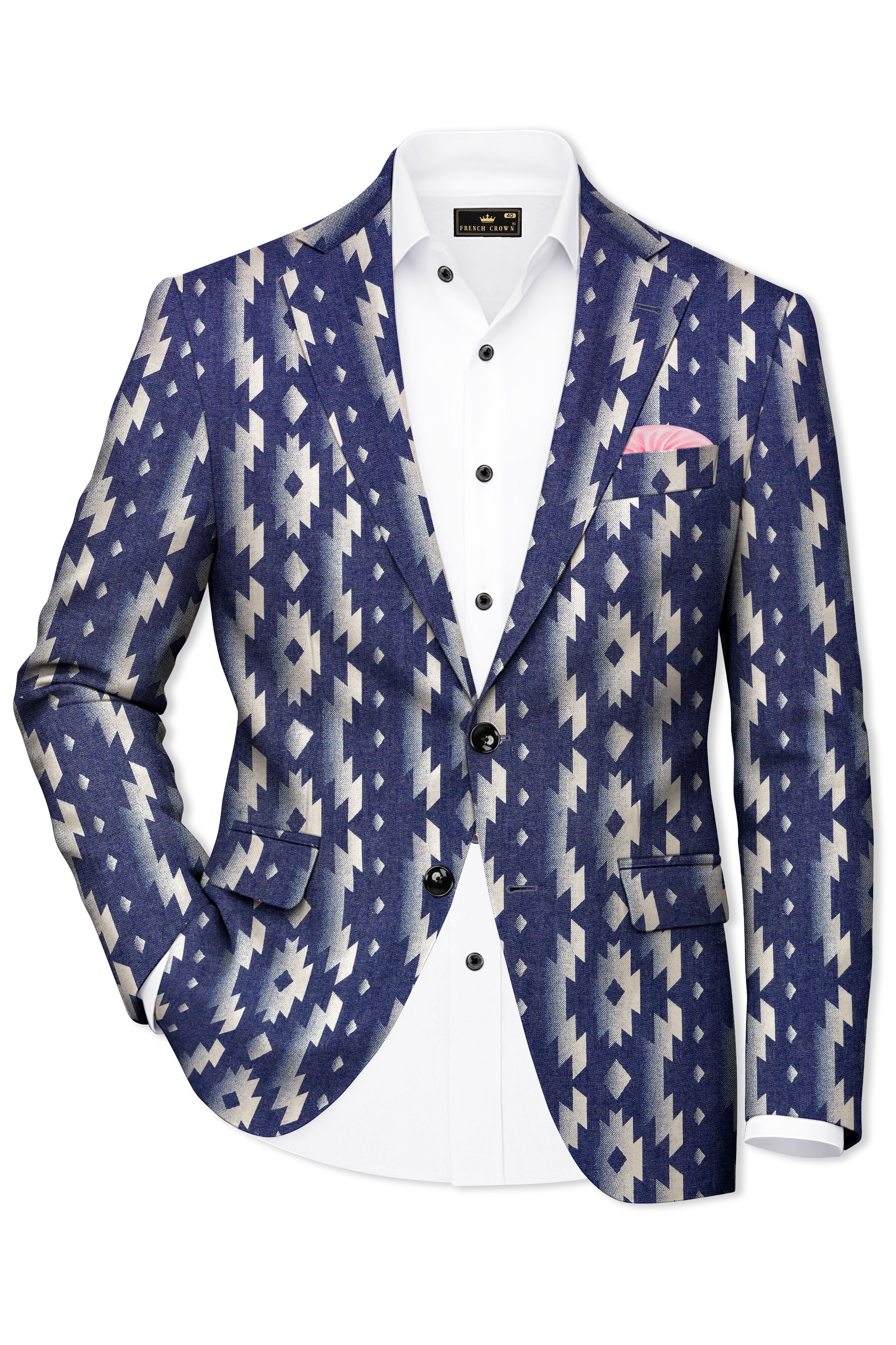 Gunmetal Blue with Nobel Cream Iktat Printed Denim Designer Premium Cotton Blazer