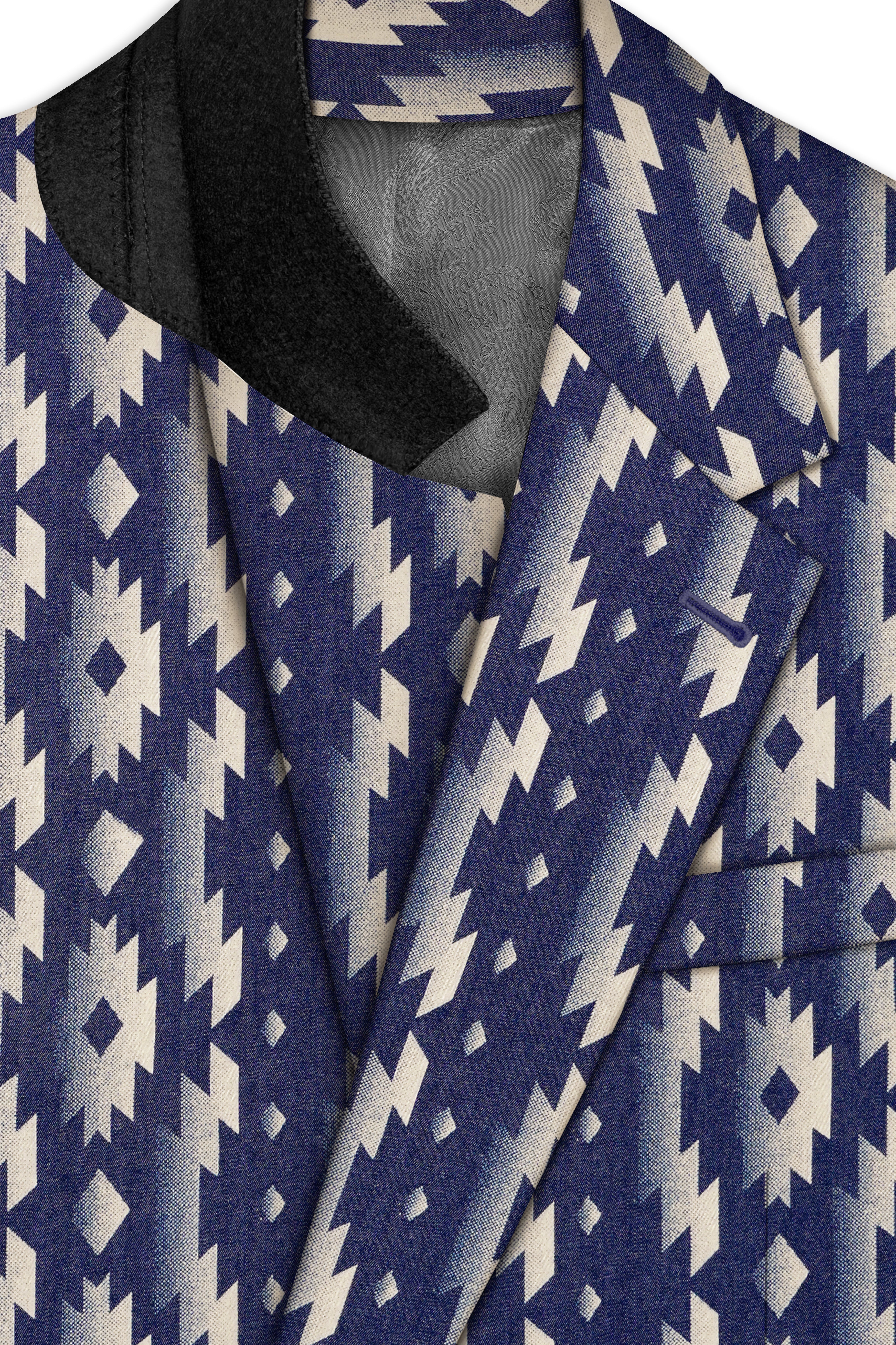 Gunmetal Blue with Nobel Cream Iktat Printed Denim Designer Premium Cotton Blazer