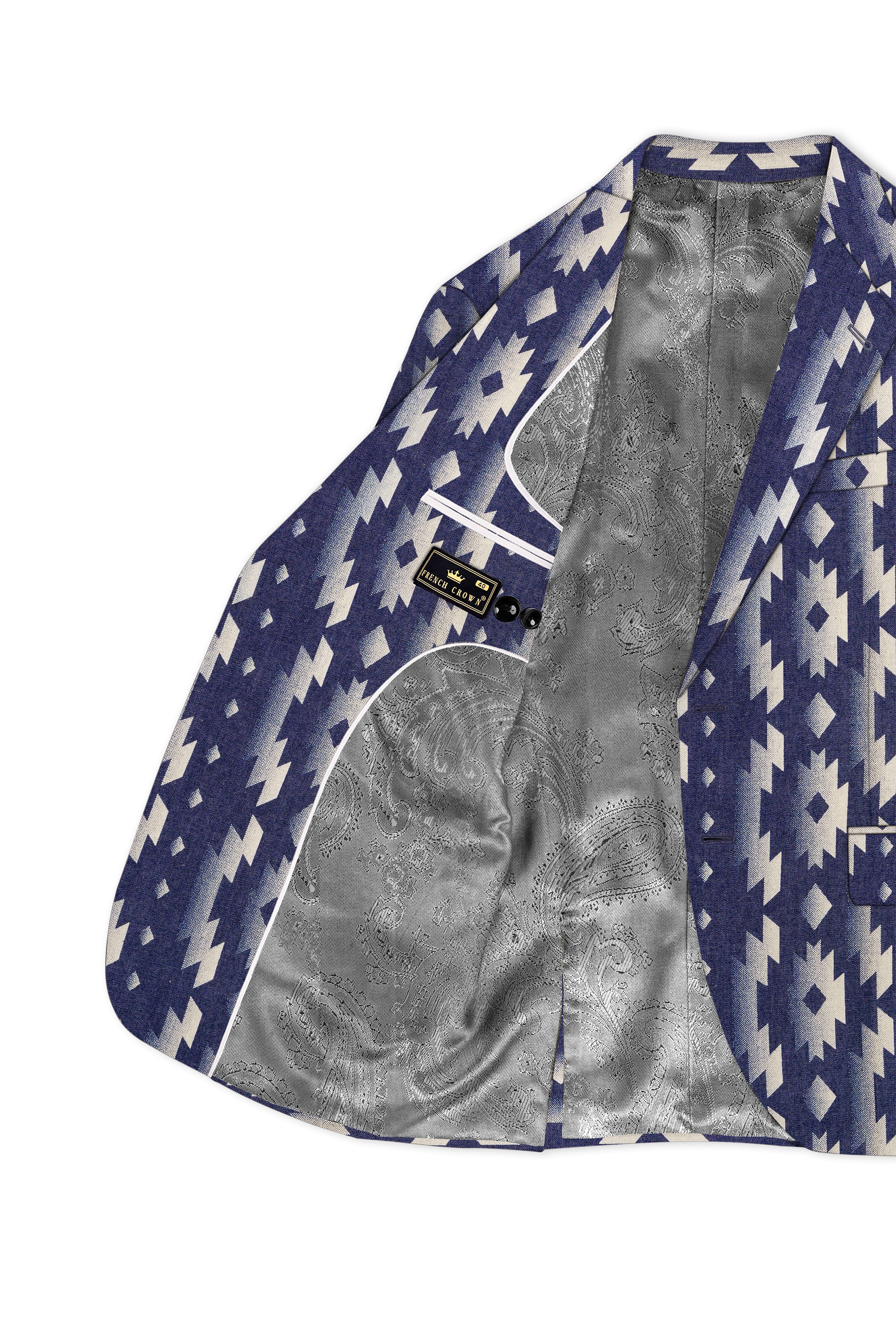 Gunmetal Blue with Nobel Cream Iktat Printed Denim Designer Premium Cotton Blazer