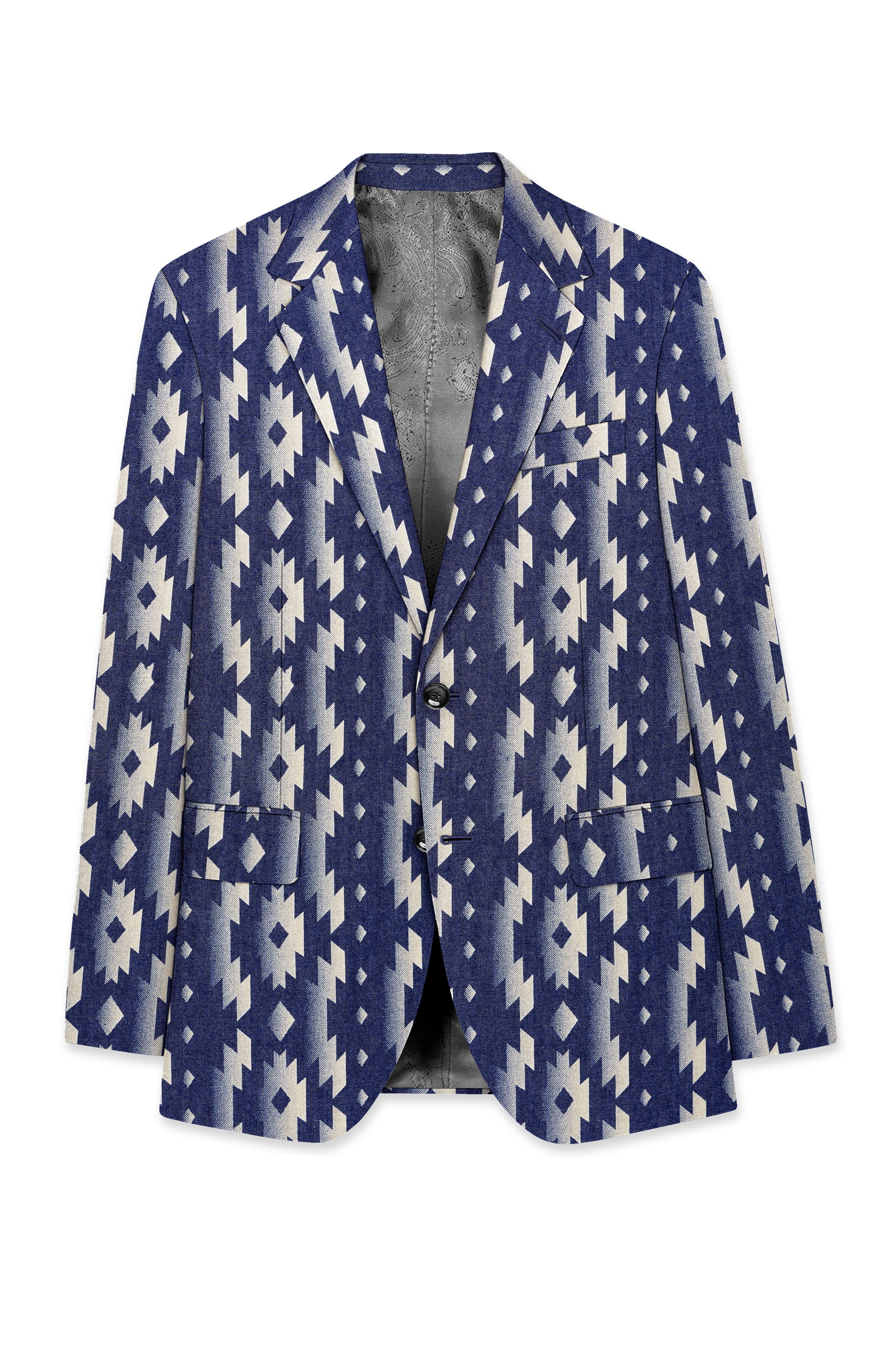 Gunmetal Blue with Nobel Cream Iktat Printed Denim Designer Premium Cotton Blazer