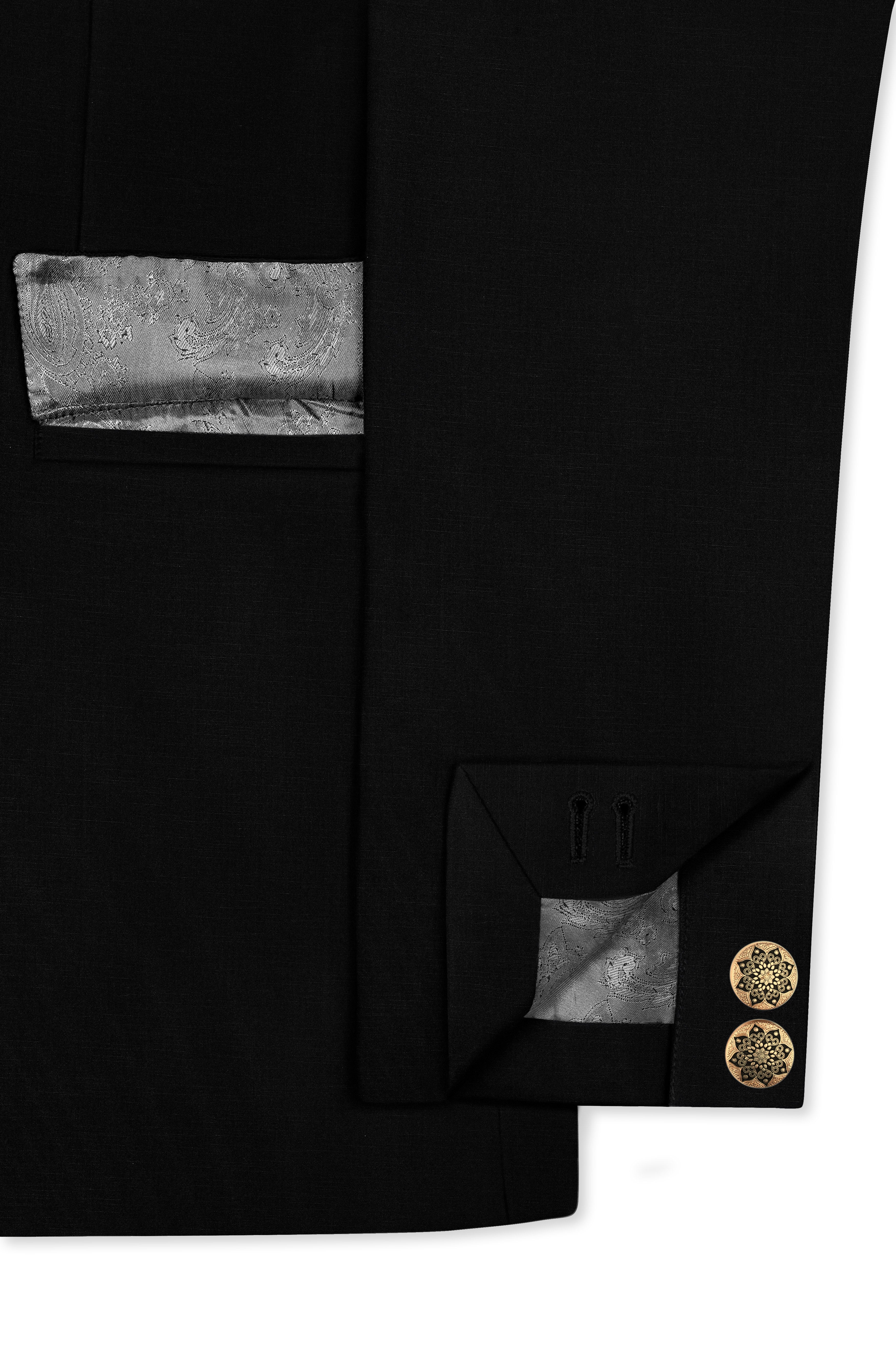 Jade Black Stretchable Subtle Sheen Cross Placket Doble Closure Bandhgala/Mandarin Blazer