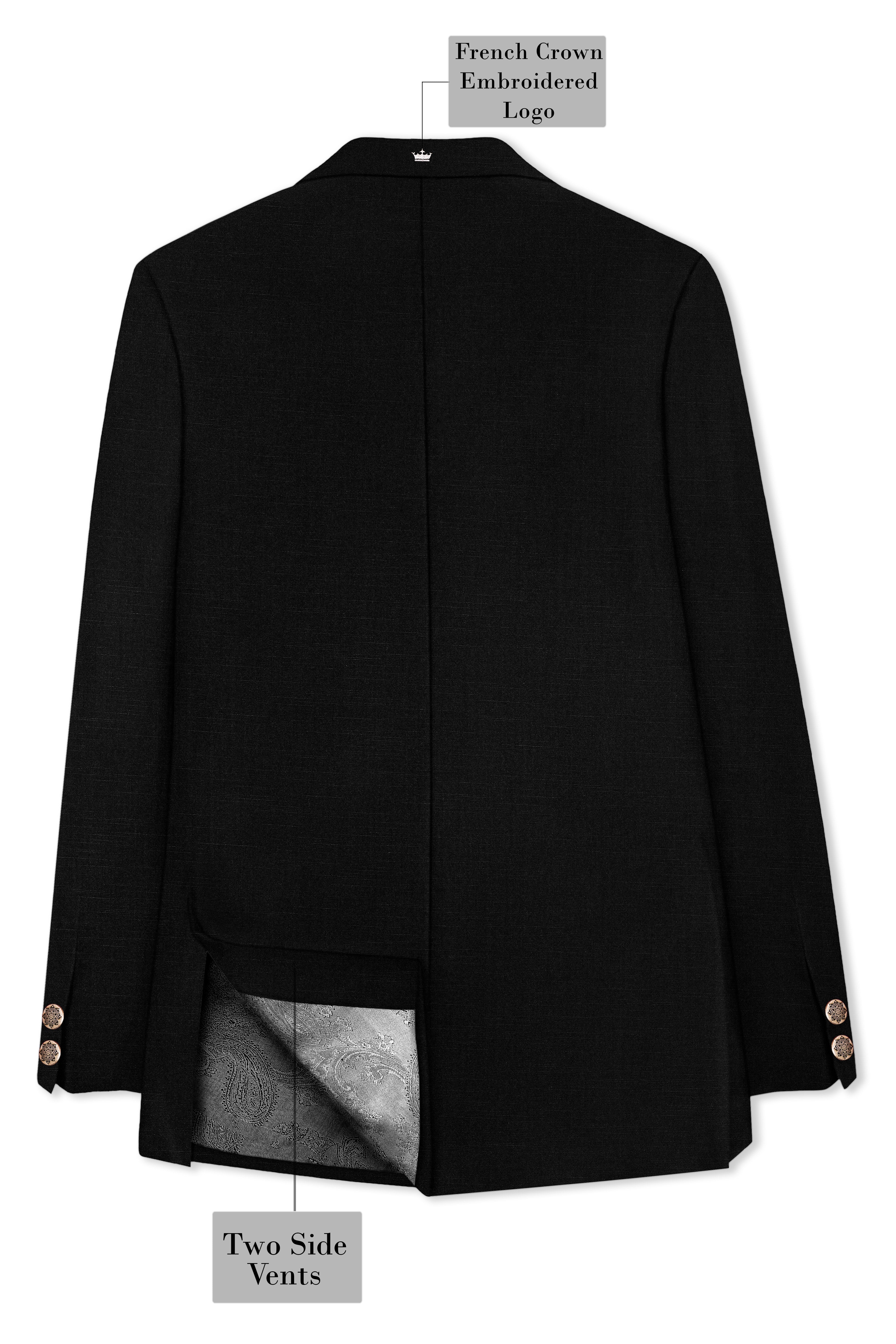 Jade Black Stretchable Subtle Sheen Cross Placket Doble Closure Bandhgala/Mandarin Blazer