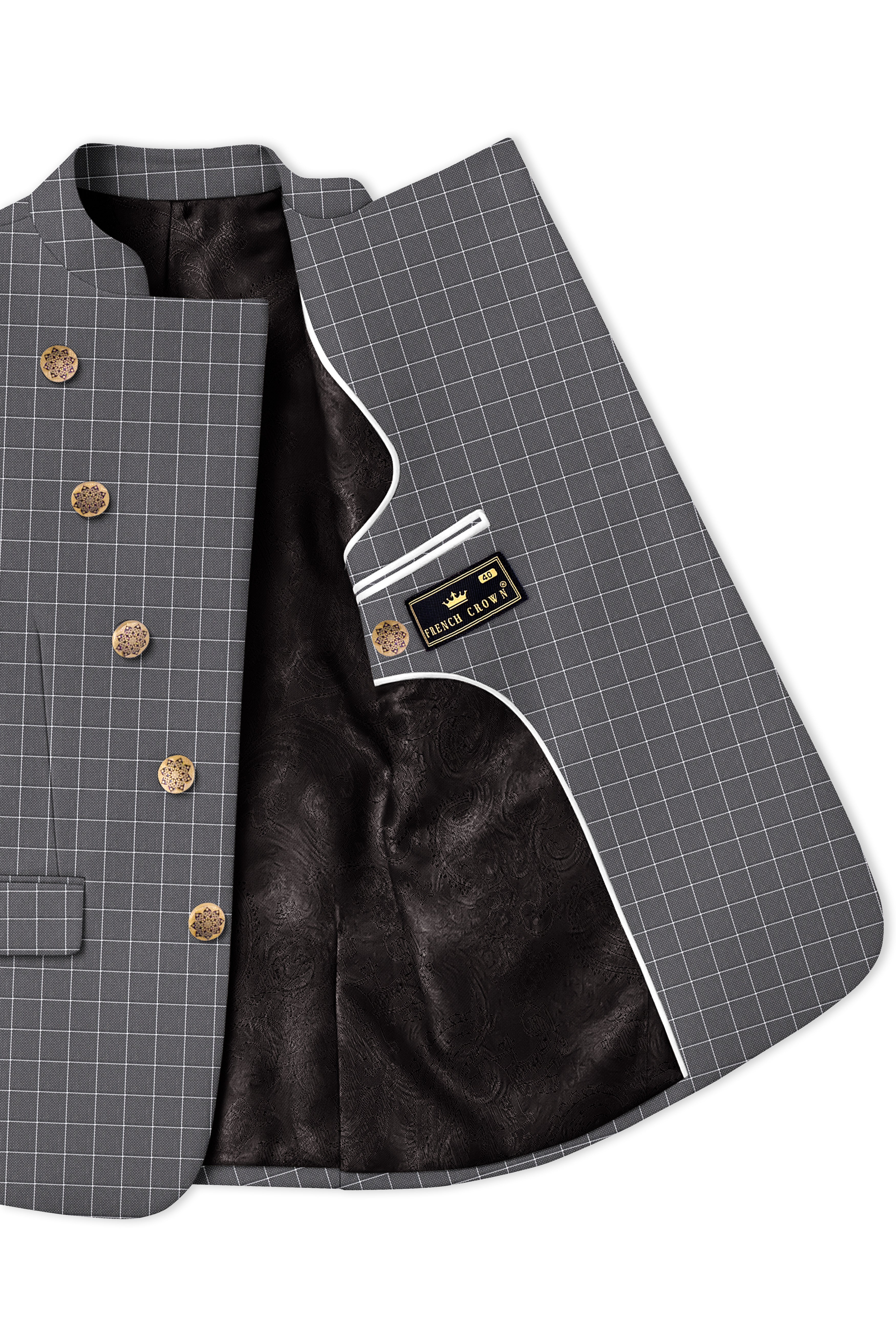 Mortar Gray Checkered Cross Placket Bandhgala Blazer