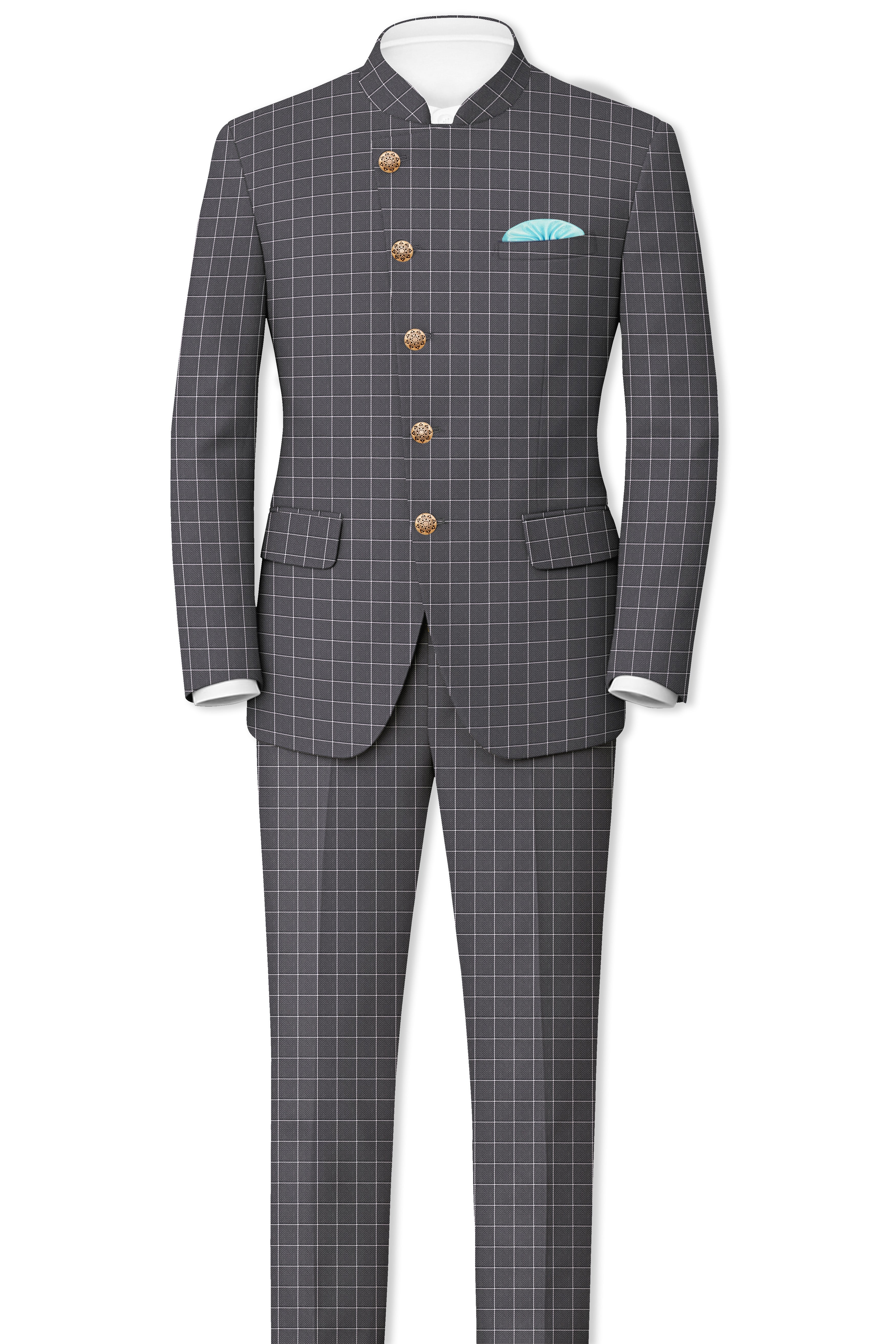 Mortar Gray Checkered Cross Placket Bandhgala Blazer