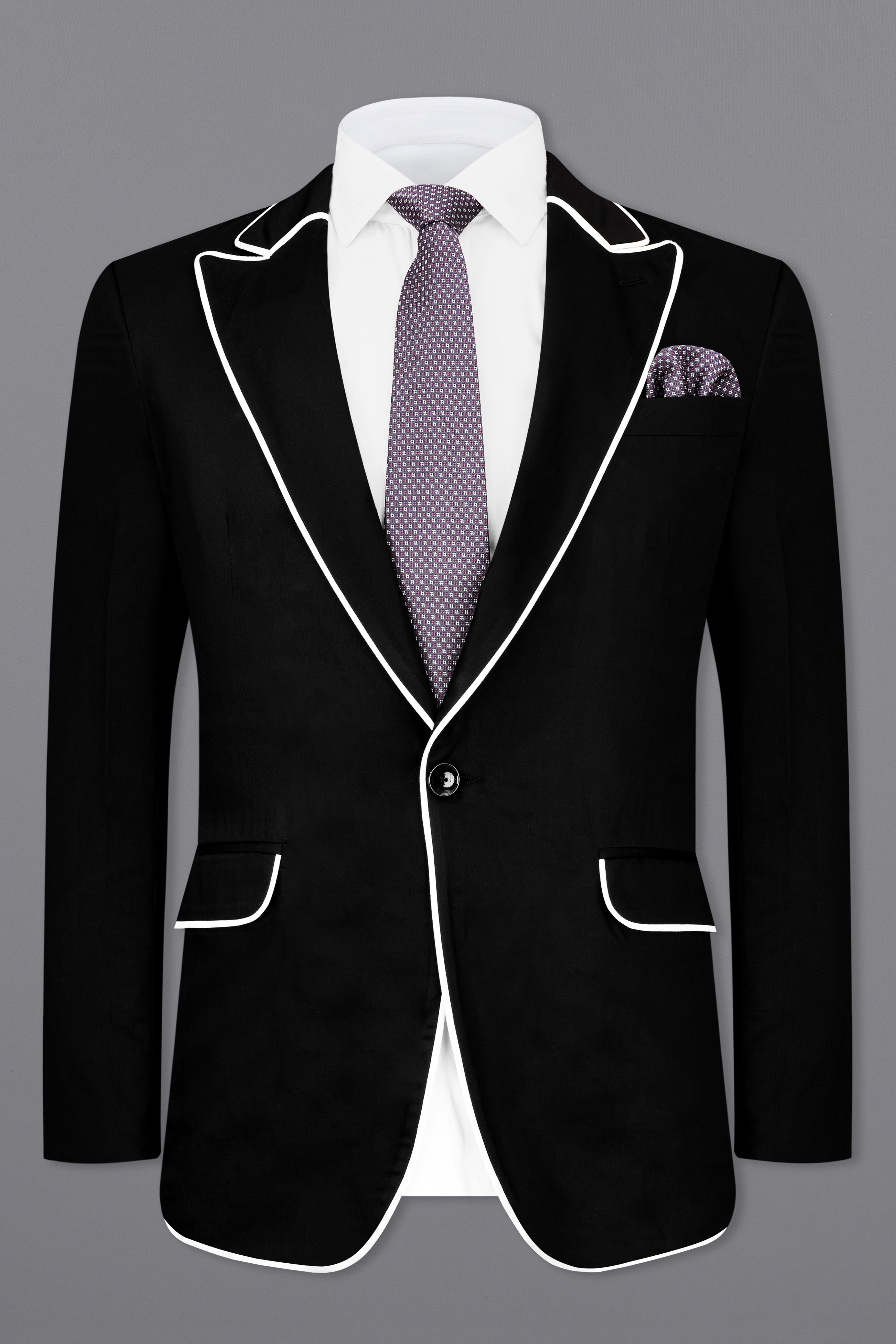 Jade Black Stretchable Subtle Sheen With White Piping Work Designer Blazer