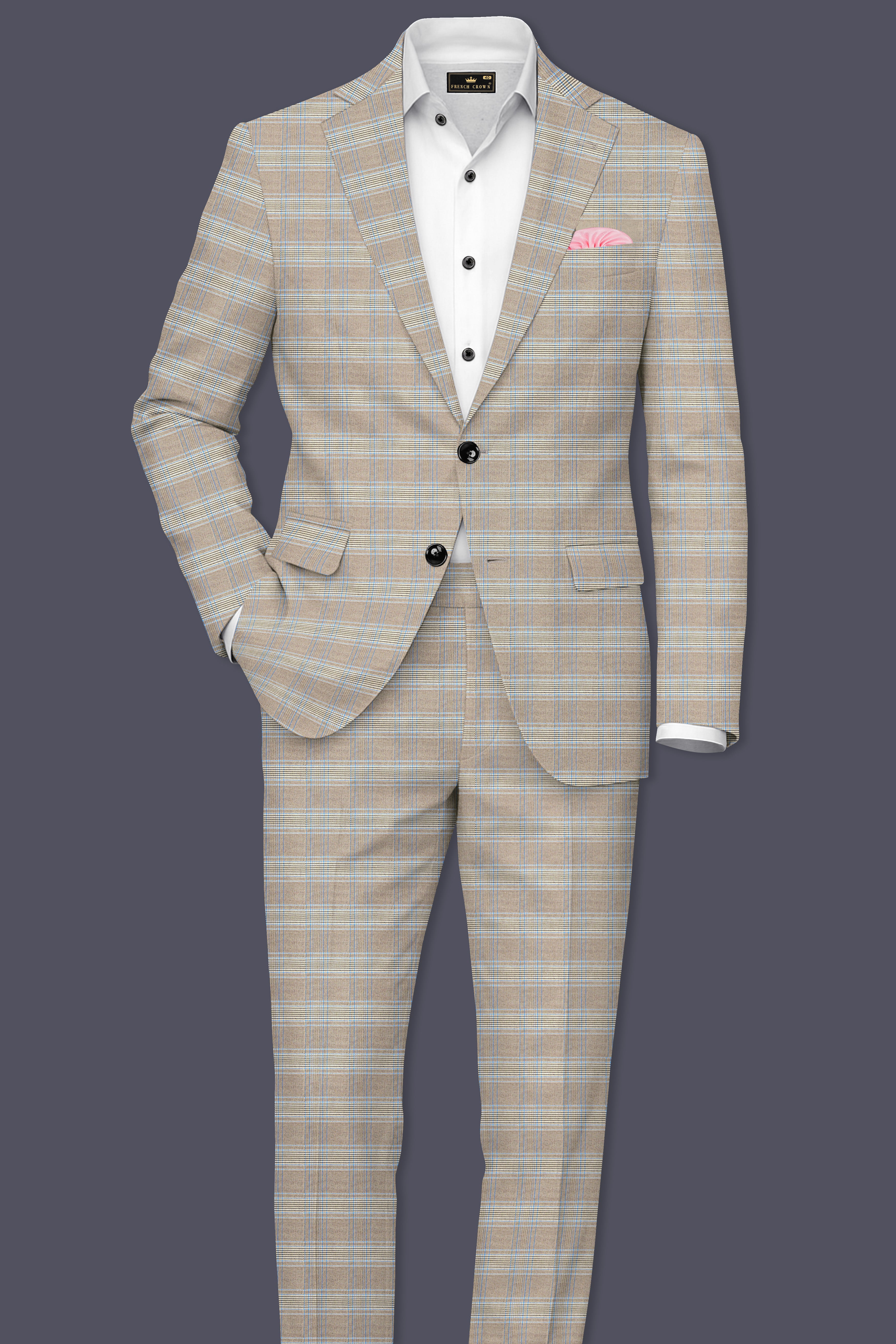 Sandrift Brown with Persian Blue Plaid Single Breasted Blazer