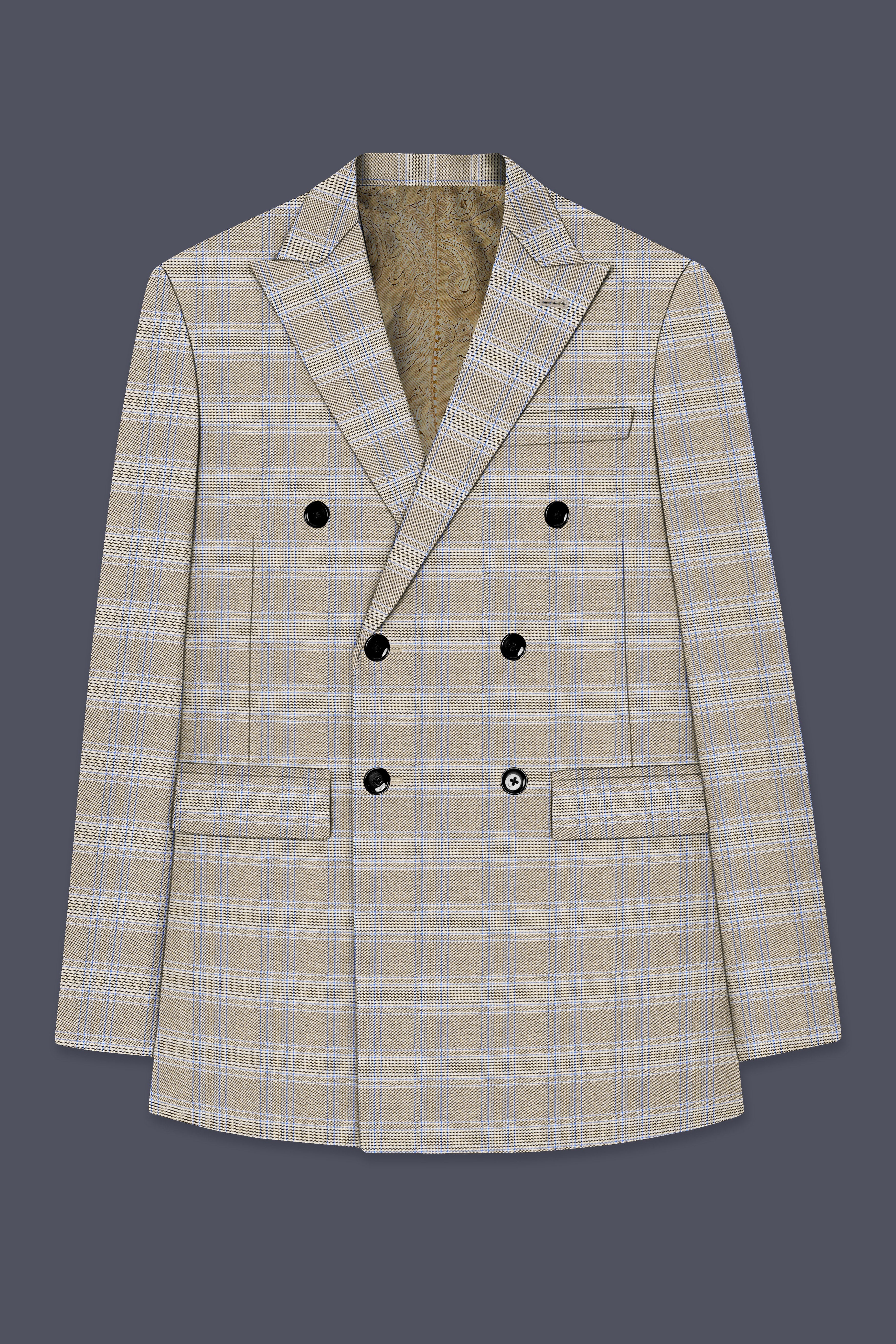 Sandrift Brown with Persian Blue Plaid Double Breasted Blazer