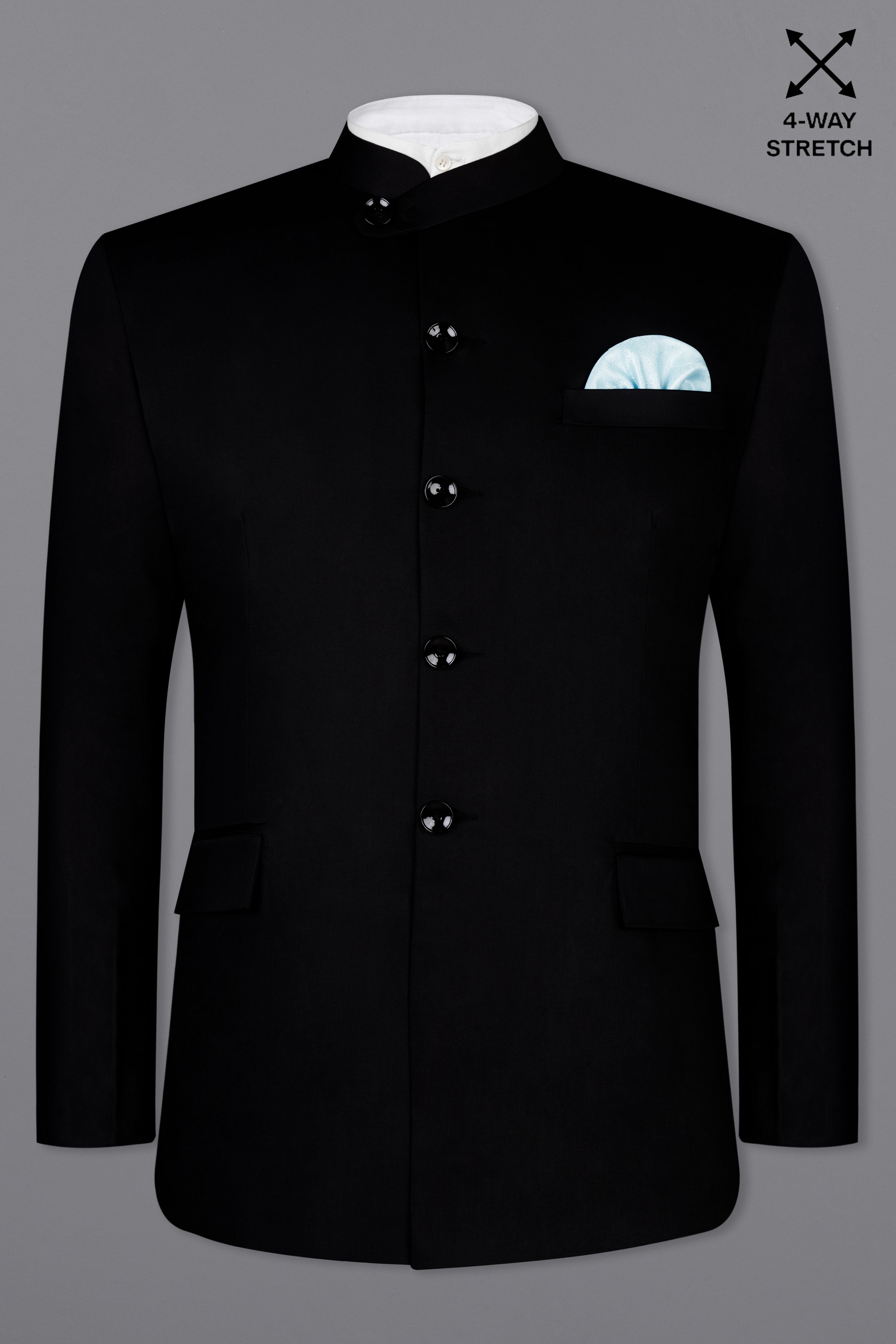 Noirex-Korean Black (The Best Black We Have ) 4-Way Stretch Wrinkle-Free Fluid Drape Fabric Bandhgala Designer Blazer