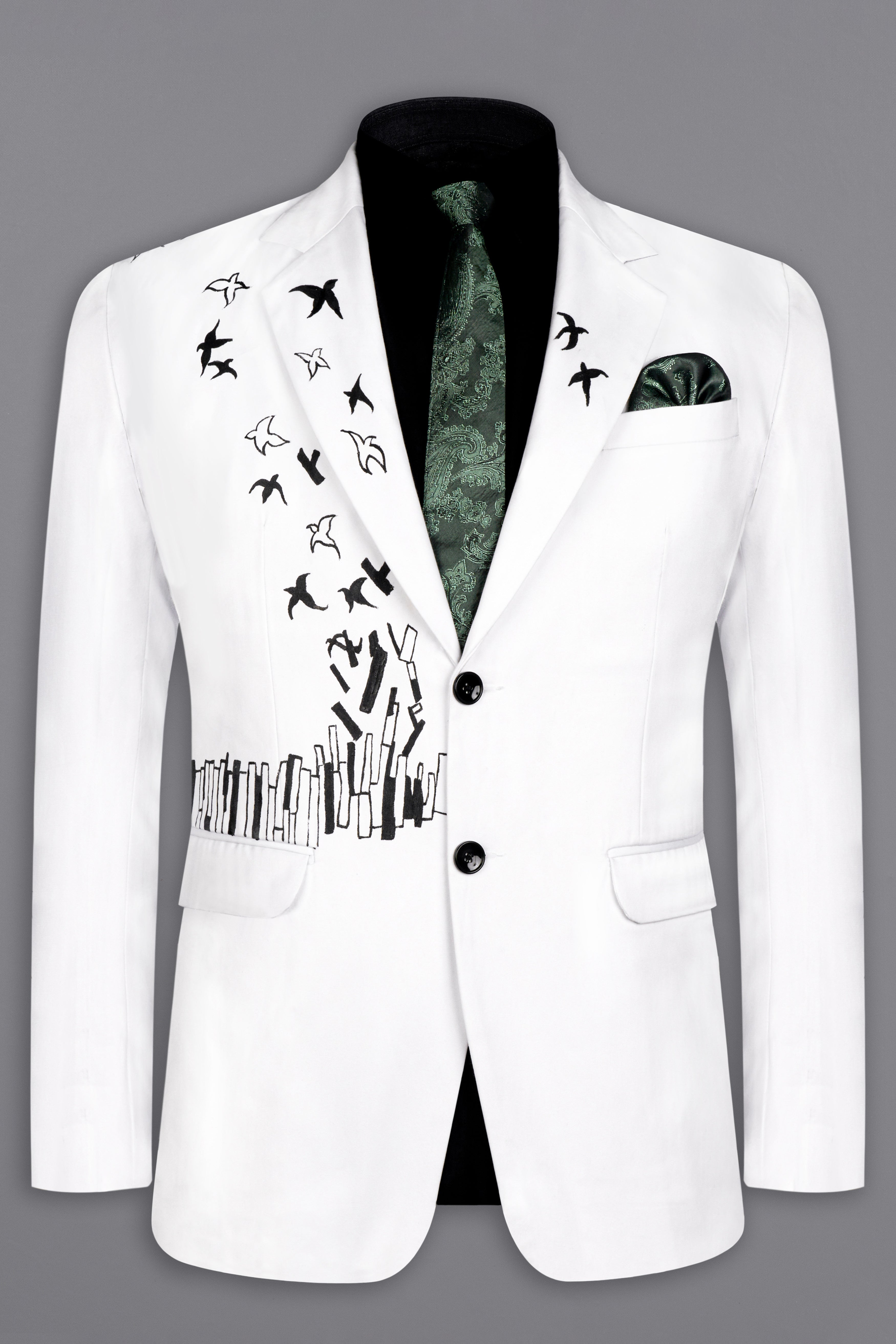 Bright White With Attractive Stretchable Hand Painted Single Breasted Designer Blazer
