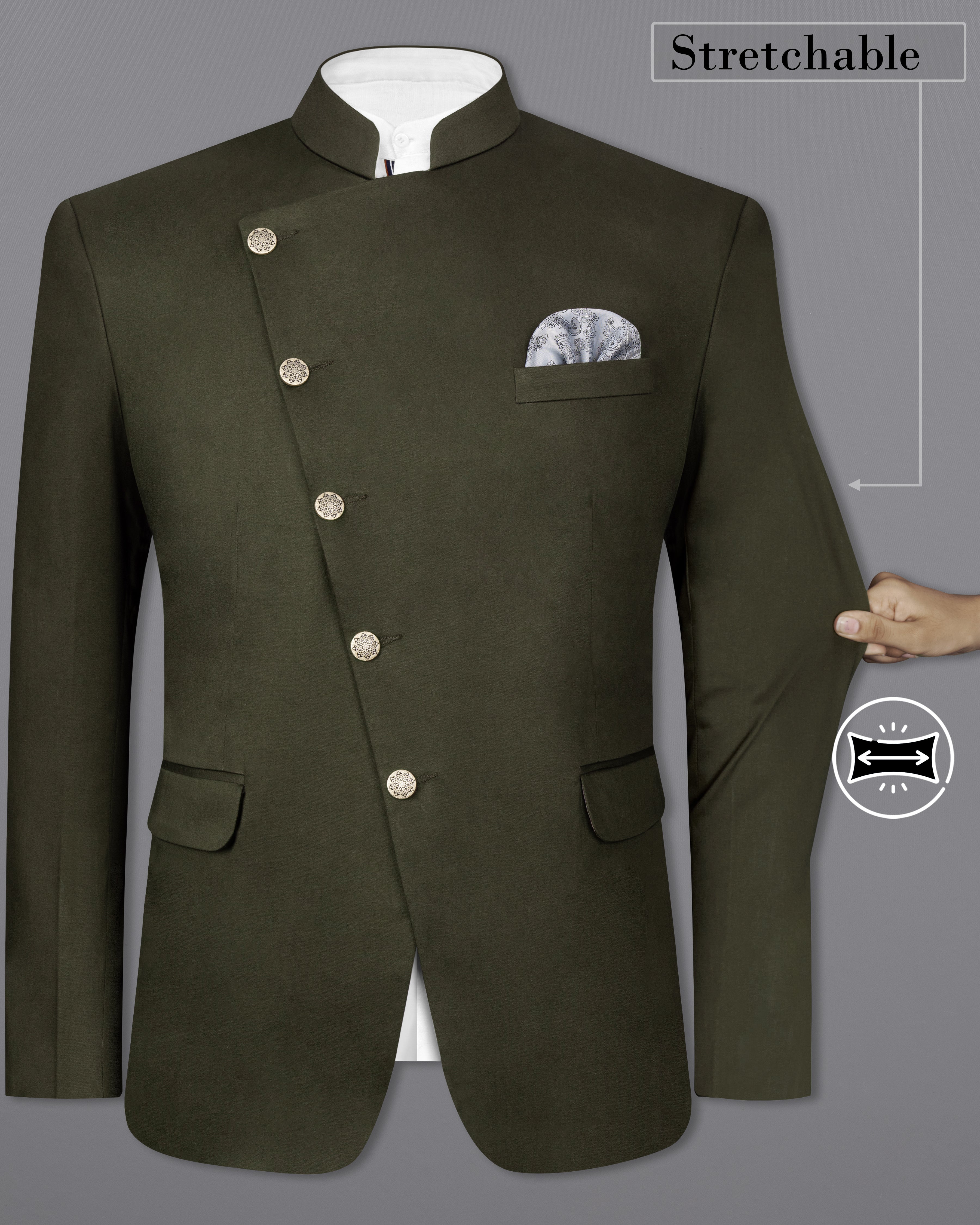 Taupe Green Cross Placket Stretchable Premium Cotton Bandhgala traveler Blazer