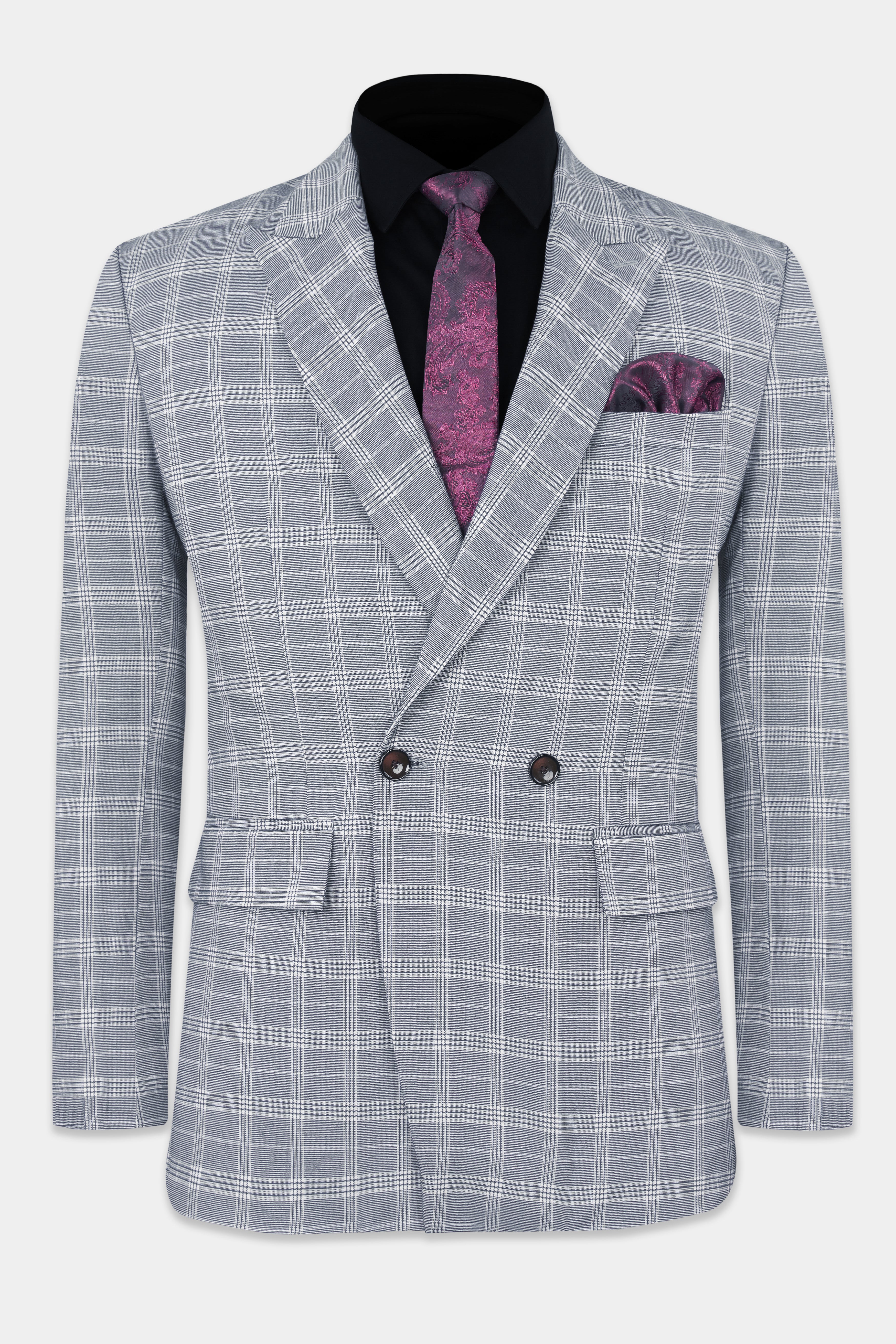 Monsoon Steel Gray Plaid Double-Breasted Blazer