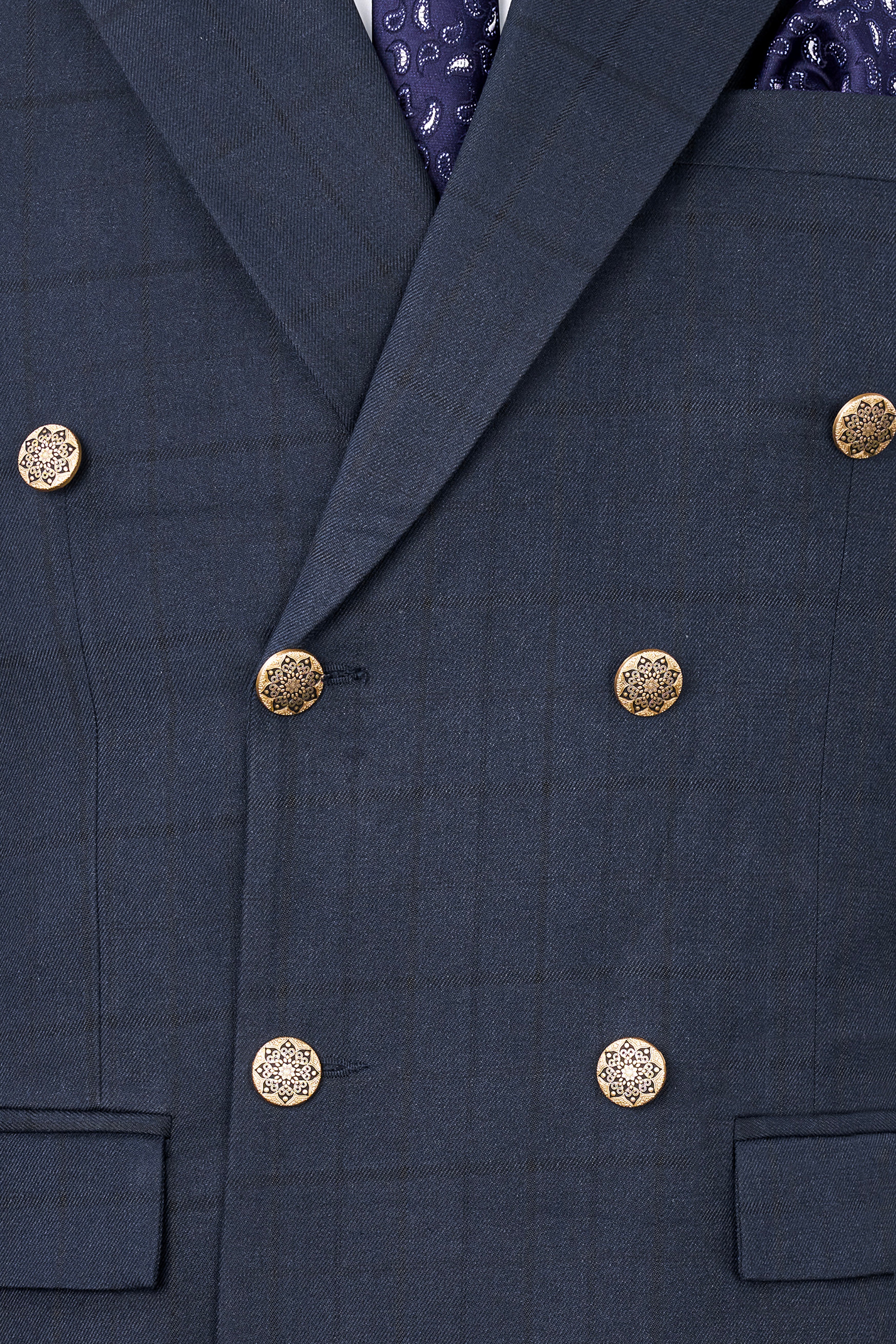 Shark Blue Subtle Windowpane Double-Breasted Blazer