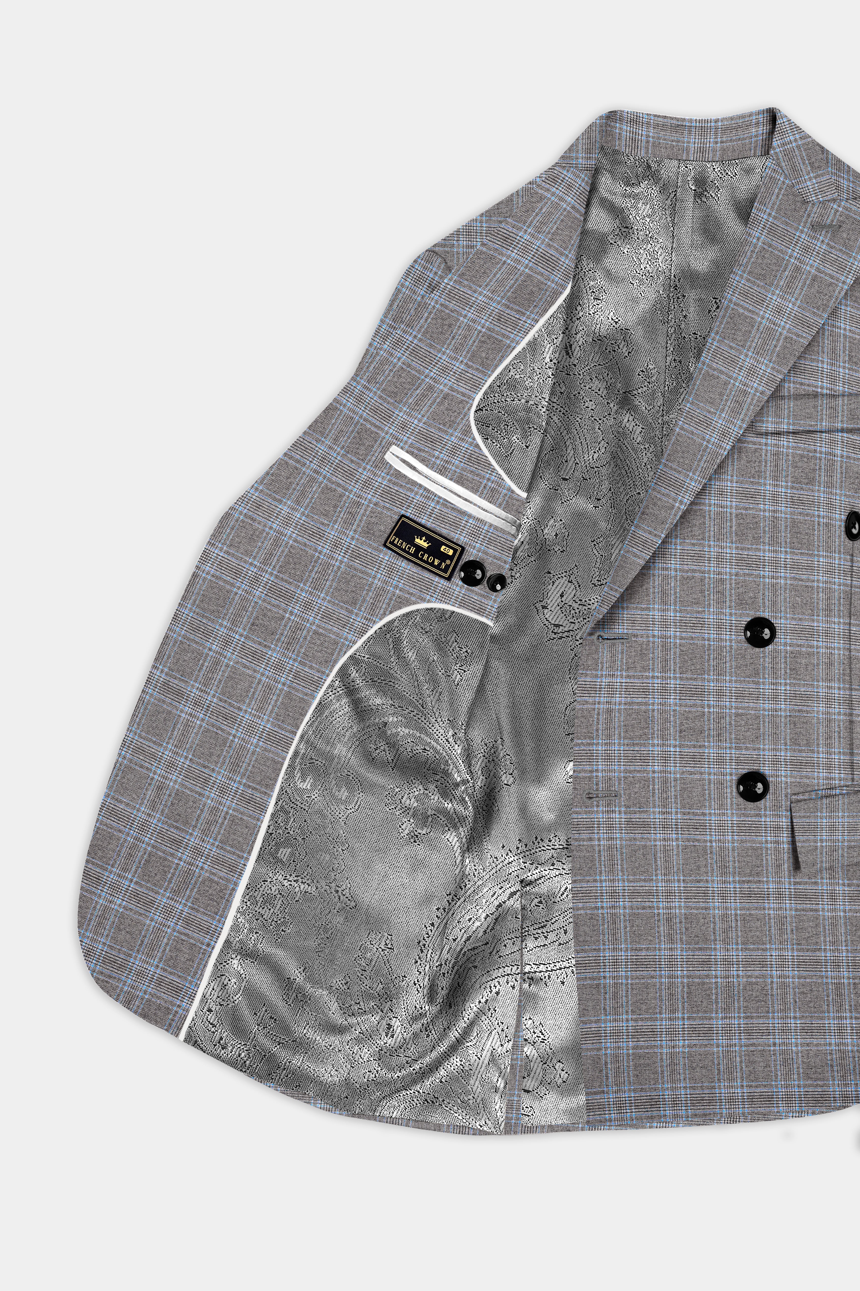 Dorado Blue with Casper Gray Plaid Wool Rich Double Breasted Blazer