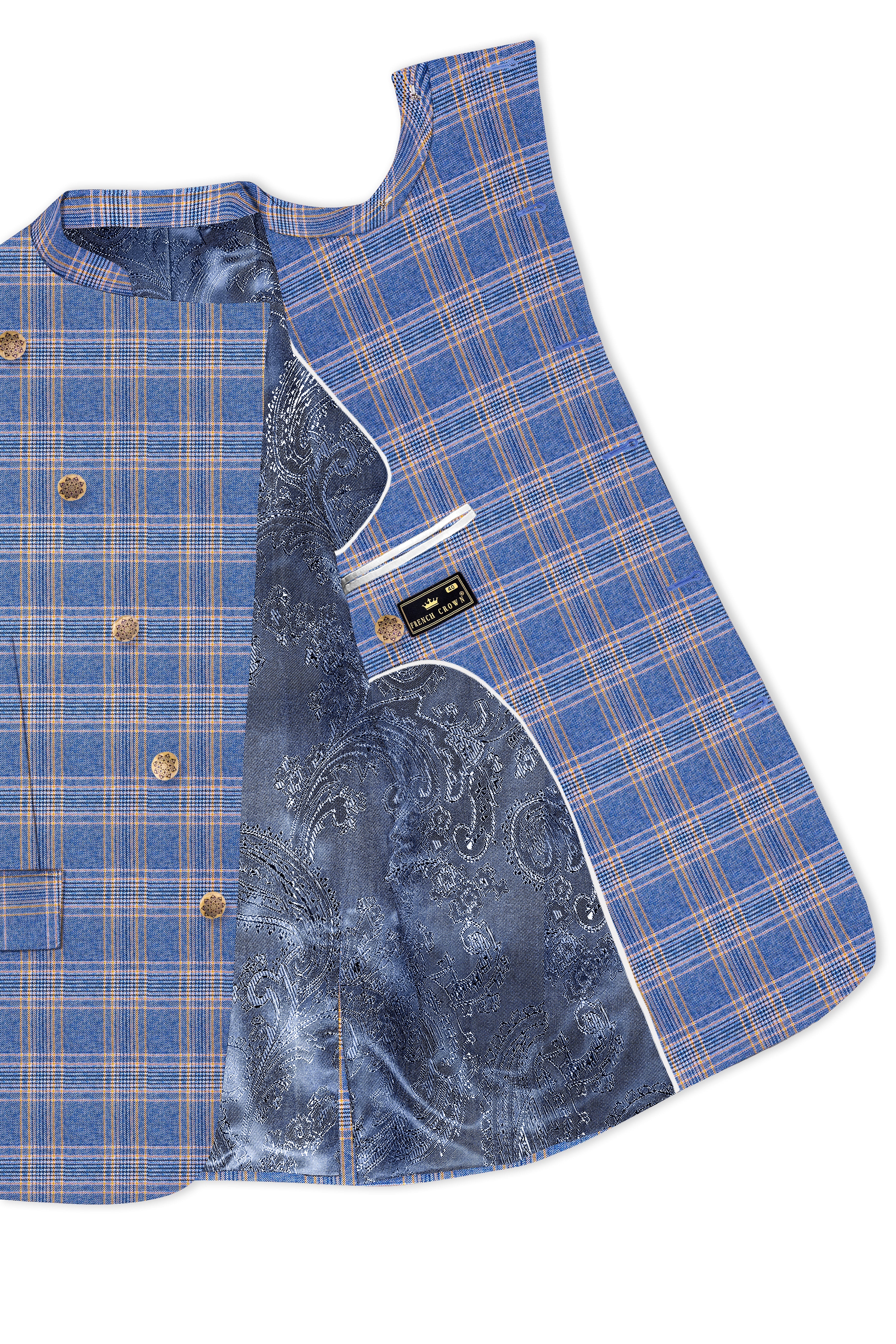 Scampi Blue and Muesli Brown Plaid Wool Rich Cross Placket Bandhgala Blazer