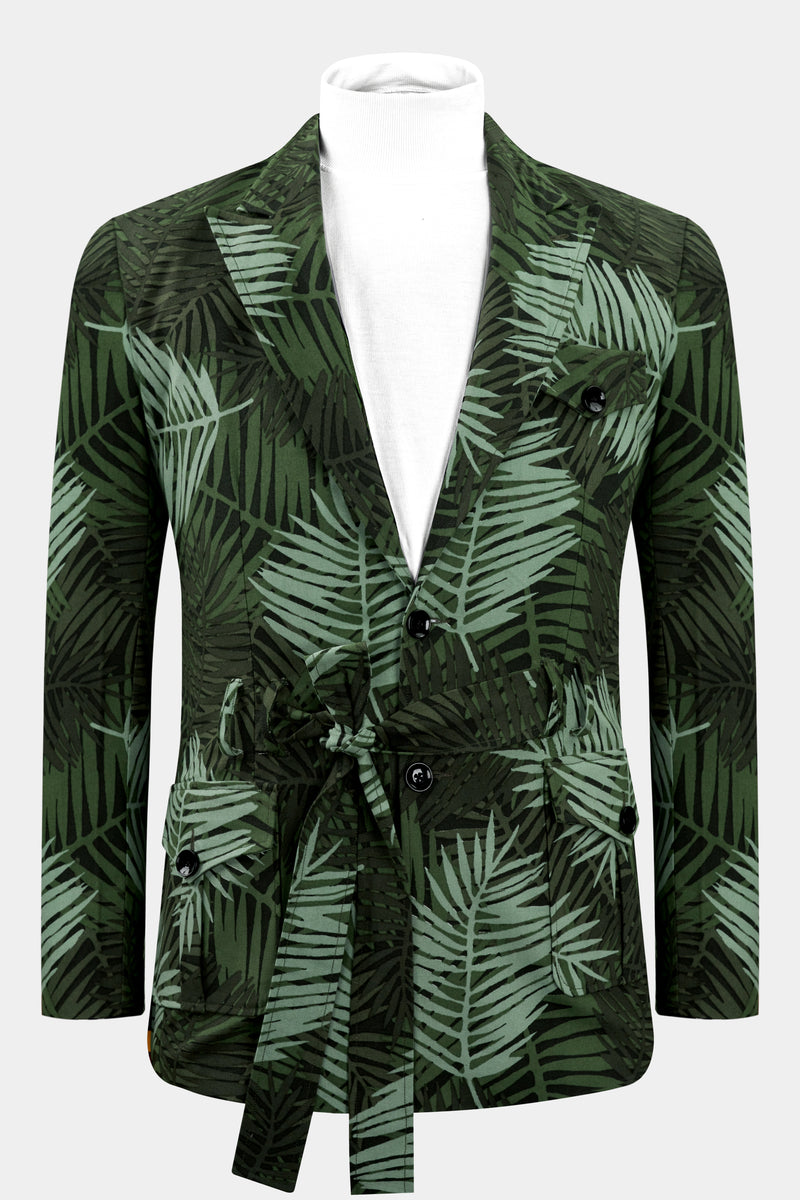 Asparagus Green with Sage Green Leaves Printed Premium Cotton Designer Blazer