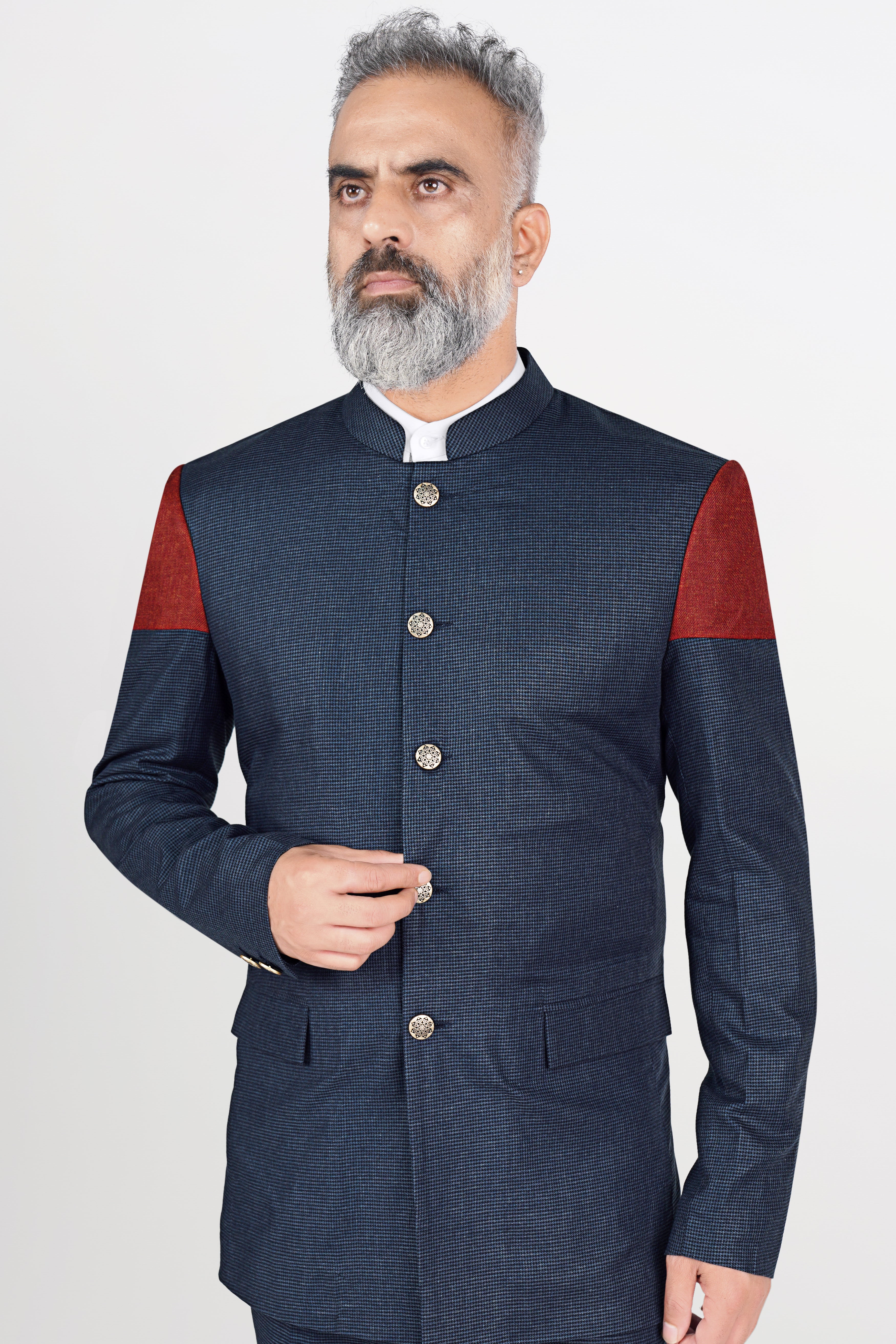 Limed Spruce Blue Wool Rich Bandhgala Designer Blazer With Houndstooth Pattern  BL2824-BG-D21-36, BL2824-BG-D21-38, BL2824-BG-D21-40, BL2824-BG-D21-42, BL2824-BG-D21-44, BL2824-BG-D21-46, BL2824-BG-D21-48, BL2824-BG-D21-50, BL2824-BG-D21-52, BL2824-BG-D21-54, BL2824-BG-D21-56, BL2824-BG-D21-58, BL2824-BG-D21-60