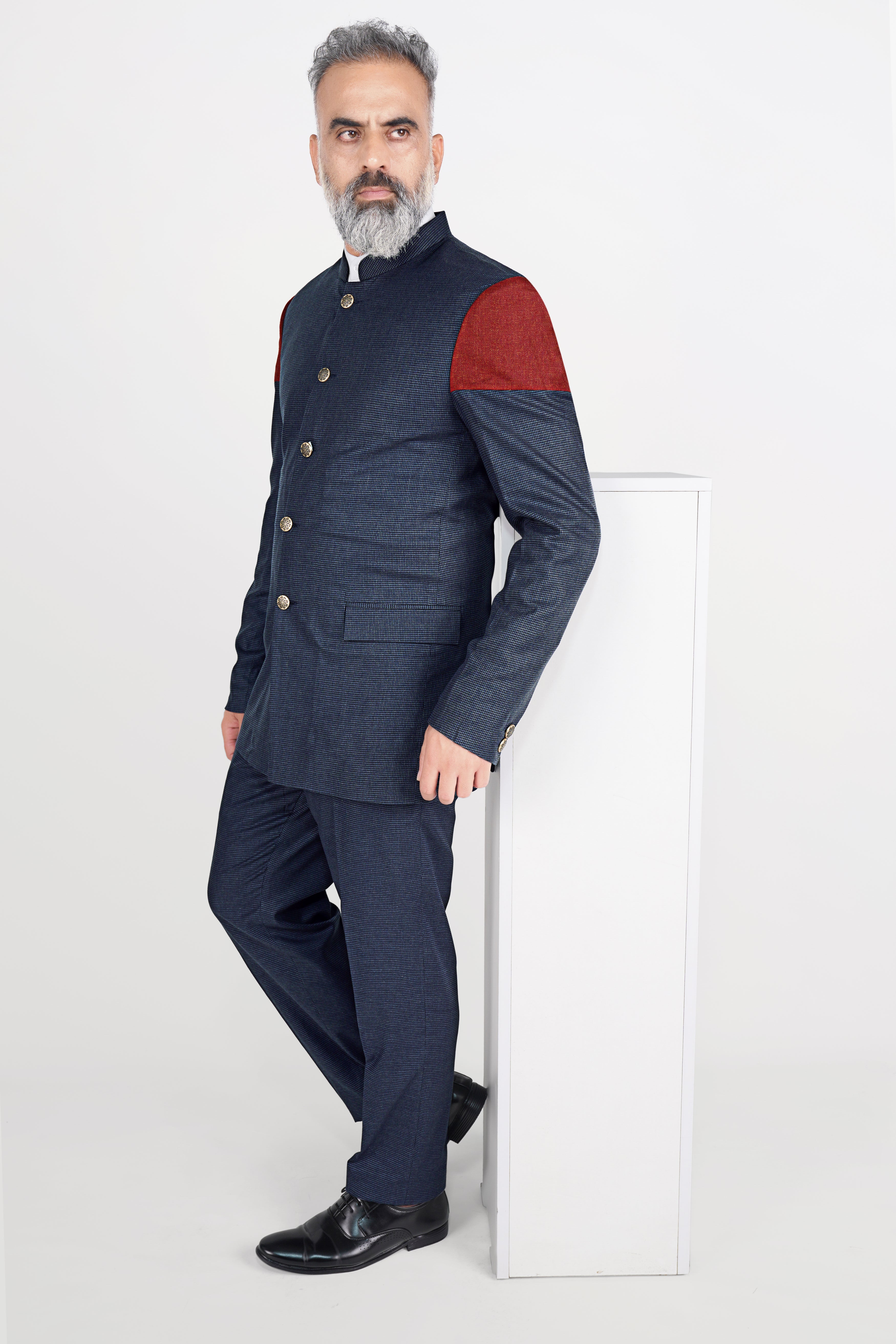 Limed Spruce Blue Wool Rich Bandhgala Designer Blazer With Houndstooth Pattern  BL2824-BG-D21-36, BL2824-BG-D21-38, BL2824-BG-D21-40, BL2824-BG-D21-42, BL2824-BG-D21-44, BL2824-BG-D21-46, BL2824-BG-D21-48, BL2824-BG-D21-50, BL2824-BG-D21-52, BL2824-BG-D21-54, BL2824-BG-D21-56, BL2824-BG-D21-58, BL2824-BG-D21-60