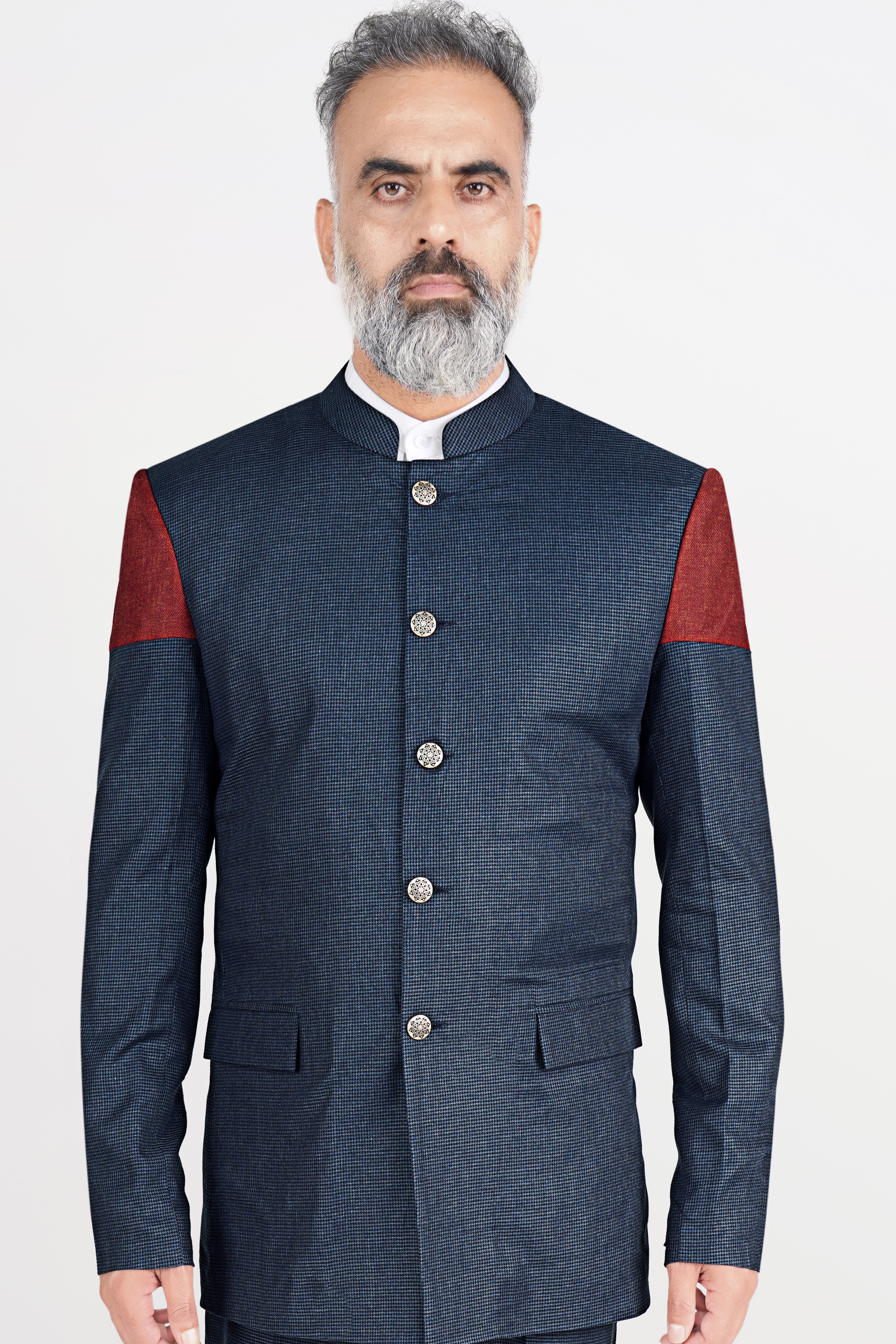 Limed Spruce Blue Wool Rich Bandhgala Designer Blazer With Houndstooth Pattern  BL2824-BG-D21-36, BL2824-BG-D21-38, BL2824-BG-D21-40, BL2824-BG-D21-42, BL2824-BG-D21-44, BL2824-BG-D21-46, BL2824-BG-D21-48, BL2824-BG-D21-50, BL2824-BG-D21-52, BL2824-BG-D21-54, BL2824-BG-D21-56, BL2824-BG-D21-58, BL2824-BG-D21-60