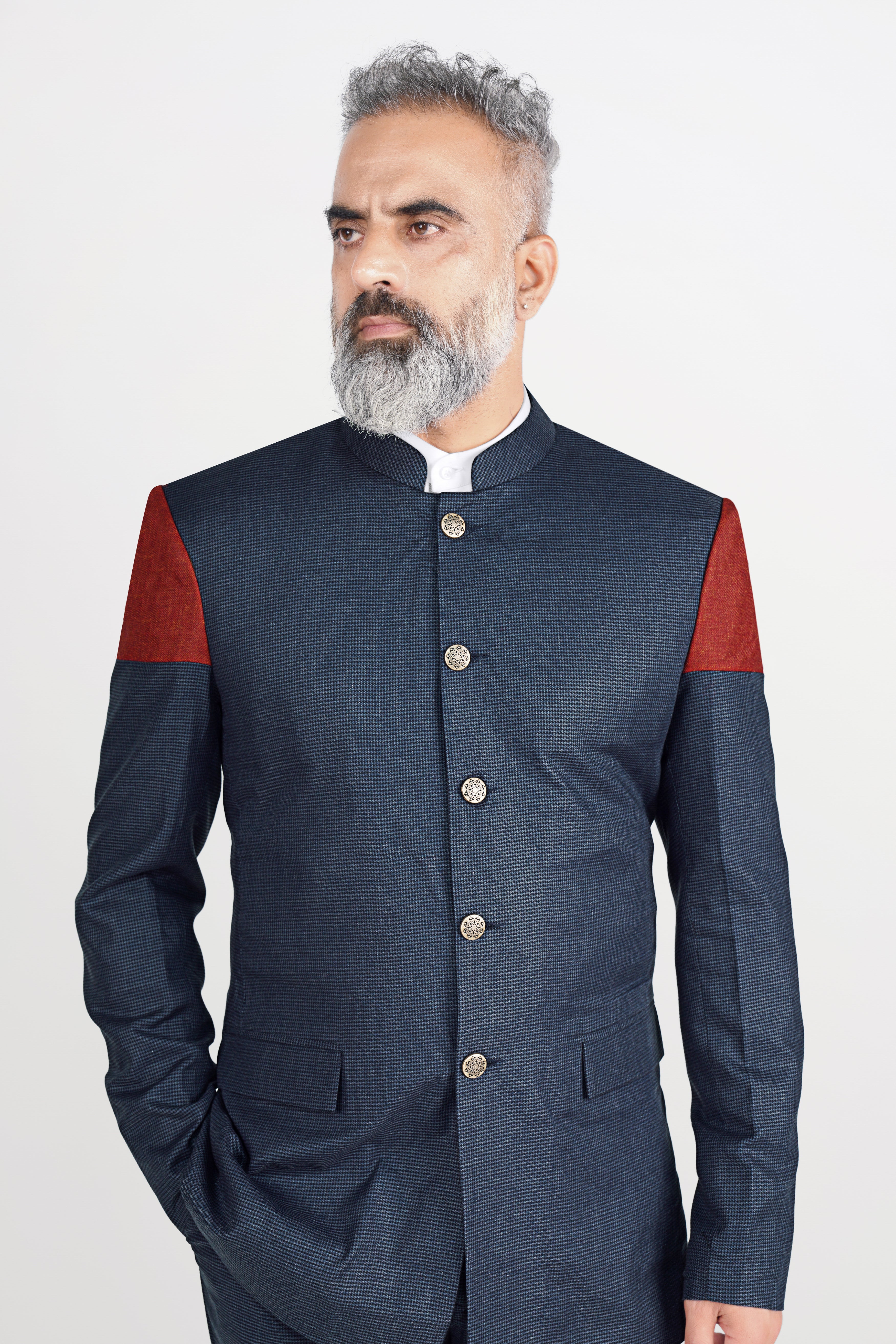 Limed Spruce Blue Wool Rich Bandhgala Designer Blazer With Houndstooth Pattern  BL2824-BG-D21-36, BL2824-BG-D21-38, BL2824-BG-D21-40, BL2824-BG-D21-42, BL2824-BG-D21-44, BL2824-BG-D21-46, BL2824-BG-D21-48, BL2824-BG-D21-50, BL2824-BG-D21-52, BL2824-BG-D21-54, BL2824-BG-D21-56, BL2824-BG-D21-58, BL2824-BG-D21-60