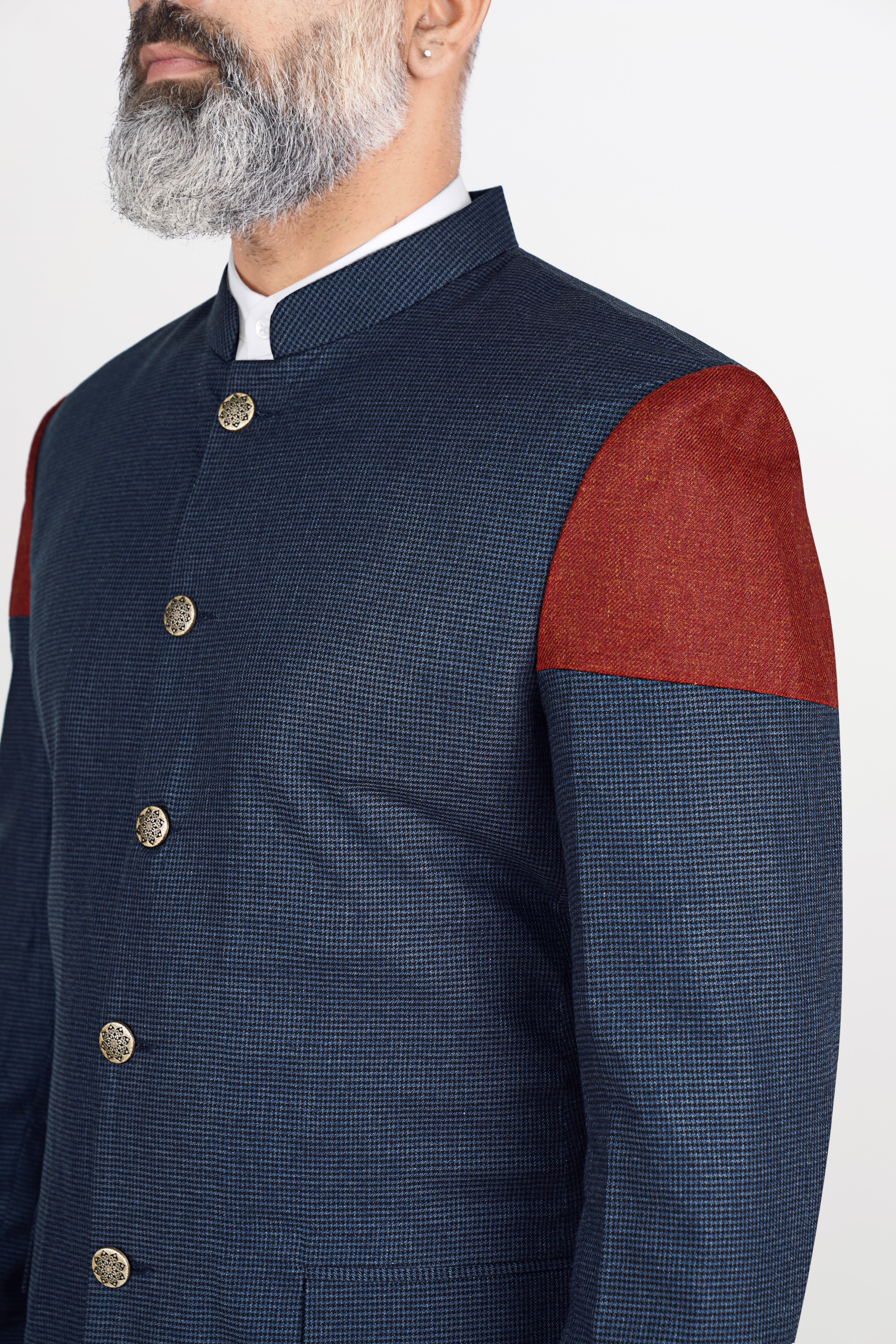 Limed Spruce Blue Wool Rich Bandhgala Designer Blazer With Houndstooth Pattern  BL2824-BG-D21-36, BL2824-BG-D21-38, BL2824-BG-D21-40, BL2824-BG-D21-42, BL2824-BG-D21-44, BL2824-BG-D21-46, BL2824-BG-D21-48, BL2824-BG-D21-50, BL2824-BG-D21-52, BL2824-BG-D21-54, BL2824-BG-D21-56, BL2824-BG-D21-58, BL2824-BG-D21-60