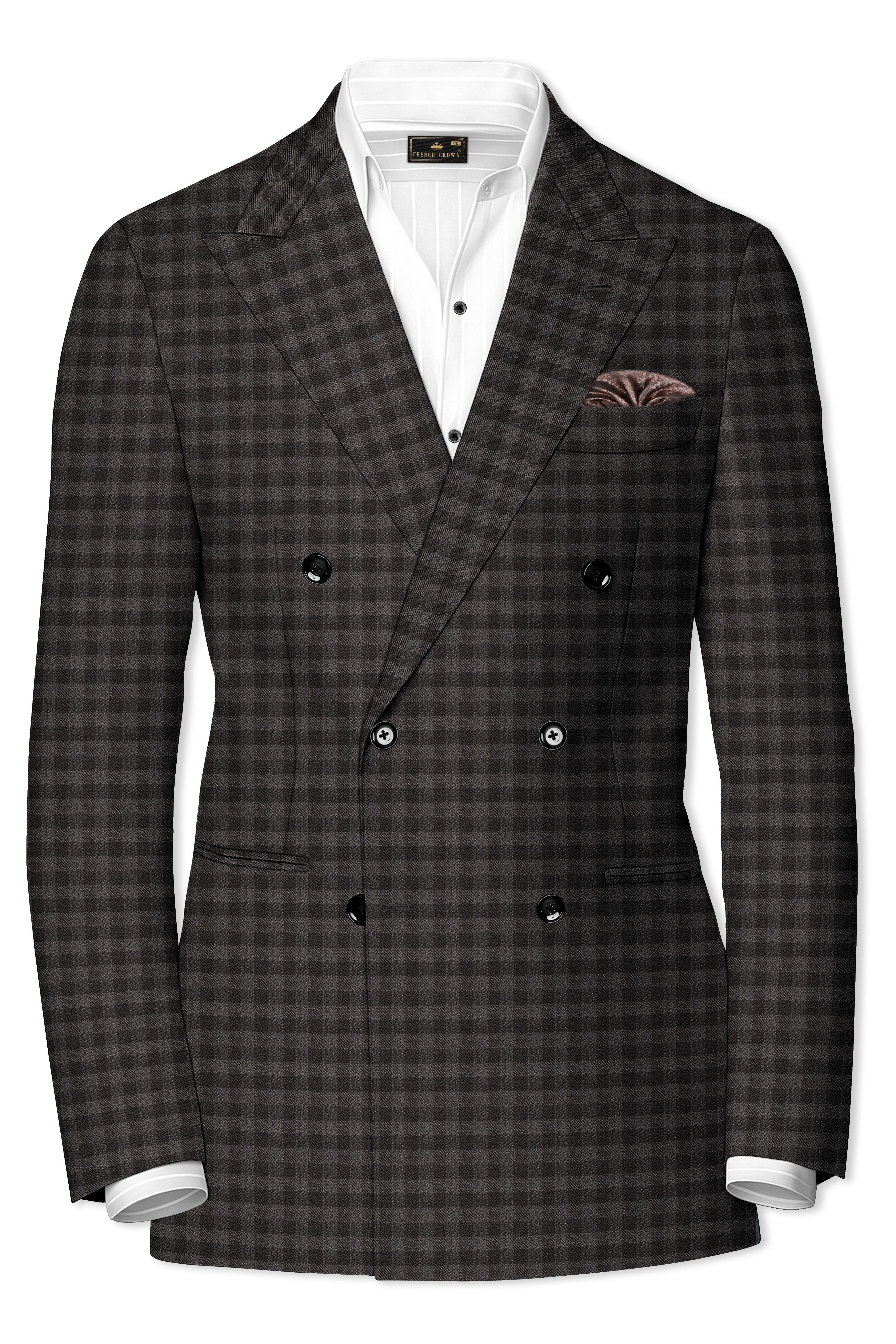Jade Black and Storm Brown Checkered Wool Rich Double Breasted Blazer