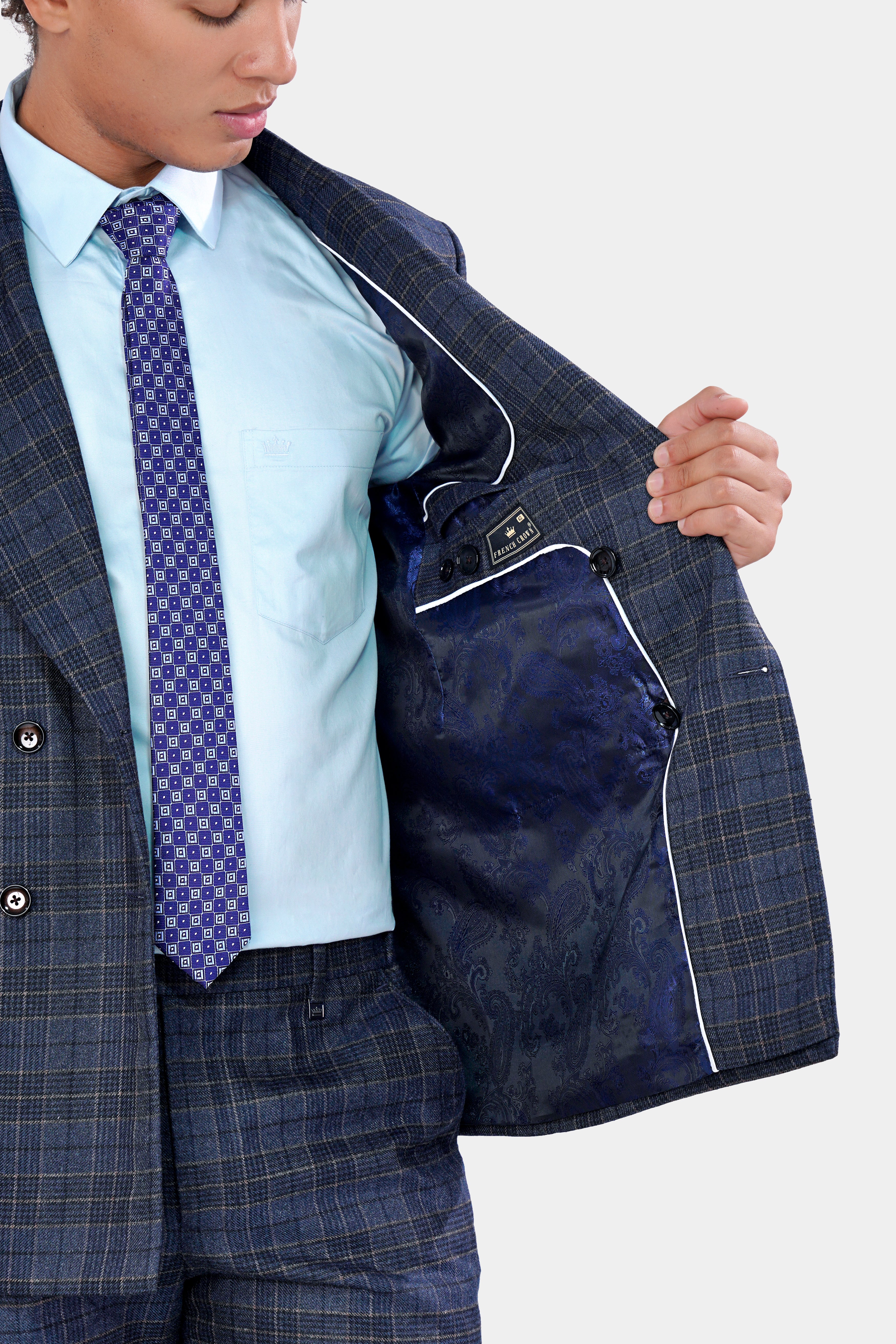 Aegean Blue and Ebony Clay Blue Plaid Tweed Double Breasted Blazer BL2945-DB-36, BL2945-DB-38, BL2945-DB-40, BL2945-DB-42, BL2945-DB-44, BL2945-DB-46, BL2945-DB-48, BL2945-DB-50, BL2945-DB-52, BL2945-DB-54, BL2945-DB-56, BL2945-DB-58, BL2945-DB-60