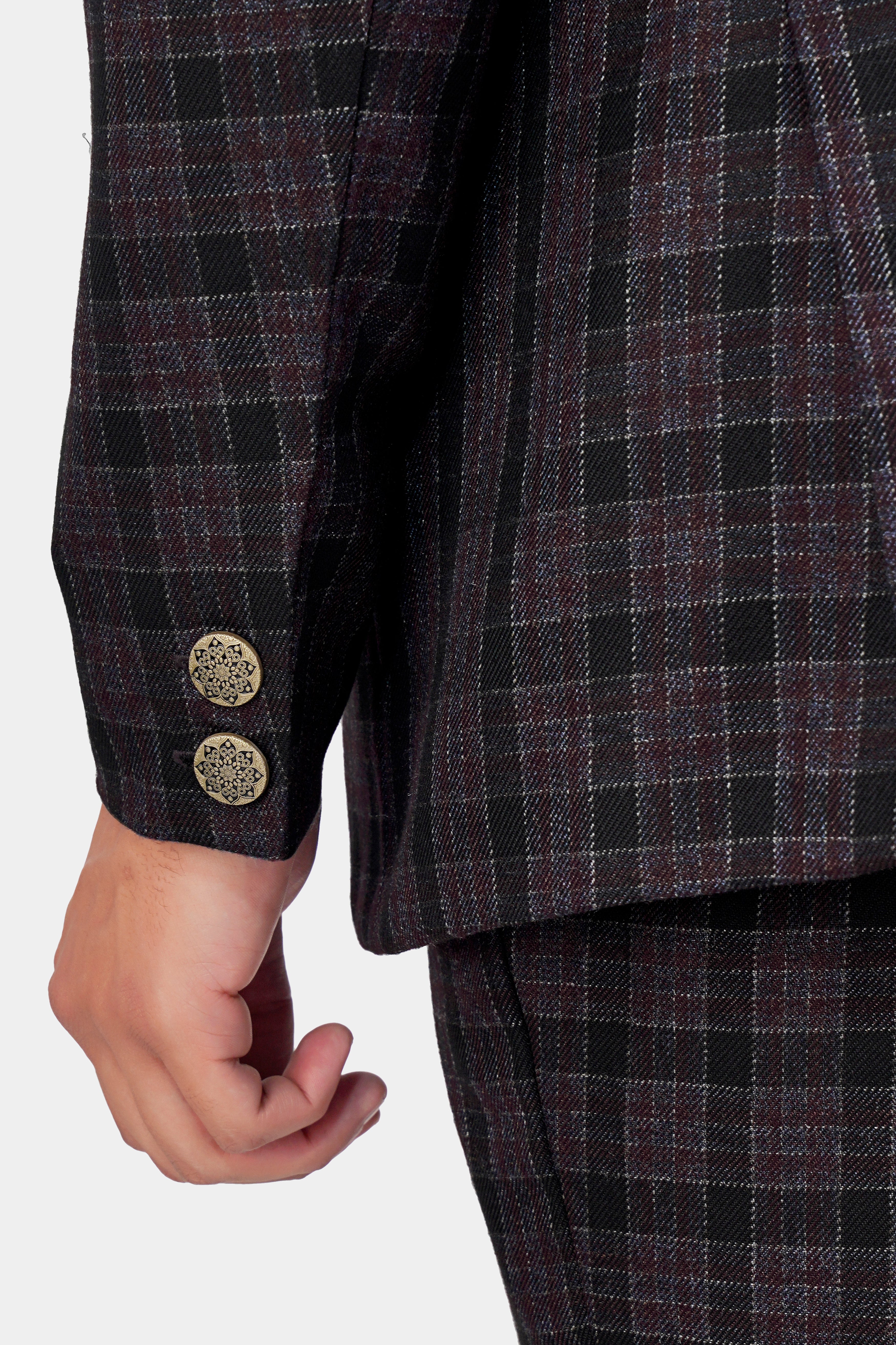 Byzantium Pink and Black Tweed Plaid Cross Buttoned Bandhgala Blazer BL2963-CBG-36, BL2963-CBG-38, BL2963-CBG-40, BL2963-CBG-42, BL2963-CBG-44, BL2963-CBG-46, BL2963-CBG-48, BL2963-CBG-50, BL2963-CBG-52, BL2963-CBG-54, BL2963-CBG-56, BL2963-CBG-58, BL2963-CBG-60