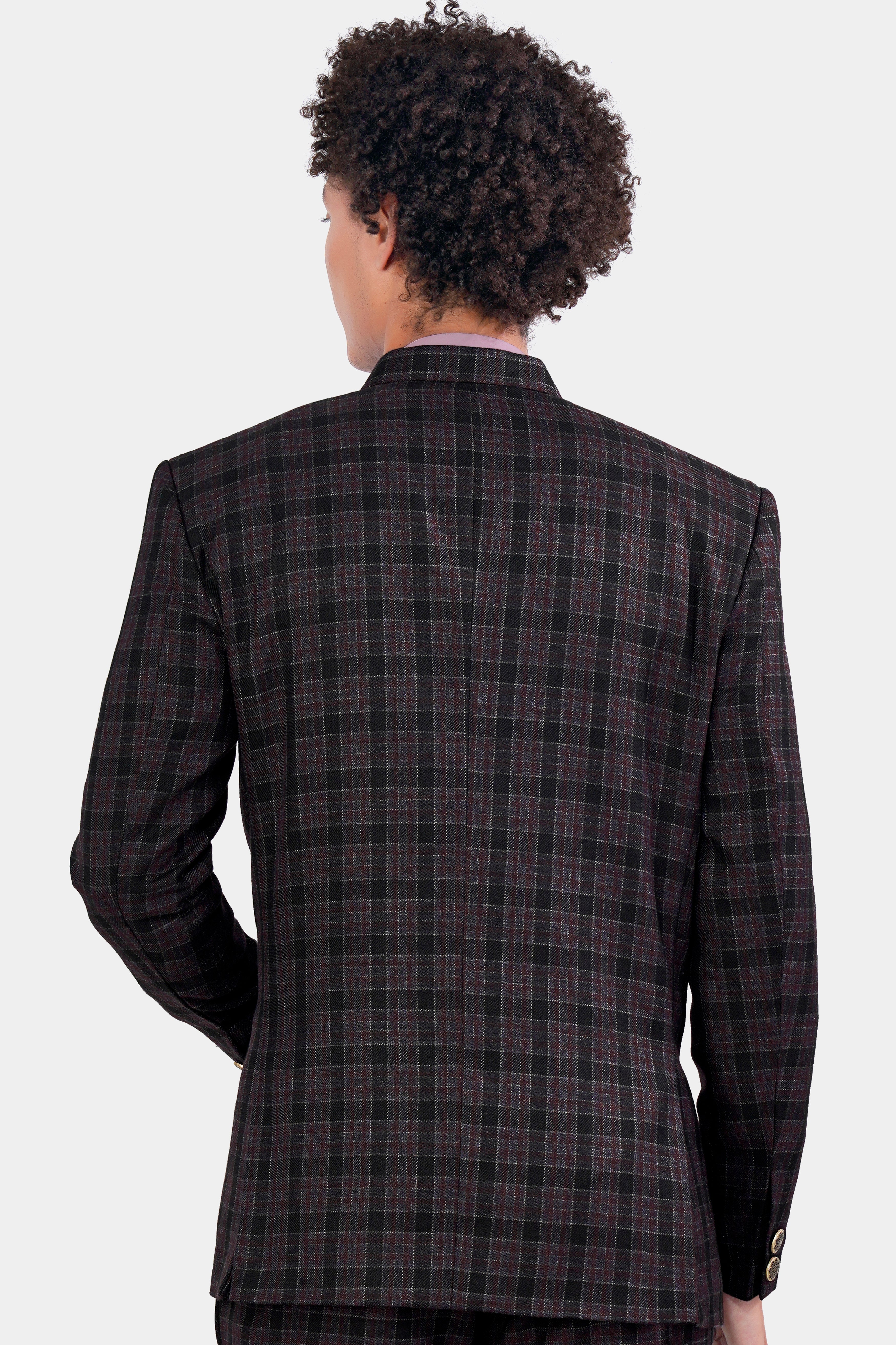 Byzantium Pink and Black Tweed Plaid Cross Buttoned Bandhgala Blazer BL2963-CBG-36, BL2963-CBG-38, BL2963-CBG-40, BL2963-CBG-42, BL2963-CBG-44, BL2963-CBG-46, BL2963-CBG-48, BL2963-CBG-50, BL2963-CBG-52, BL2963-CBG-54, BL2963-CBG-56, BL2963-CBG-58, BL2963-CBG-60