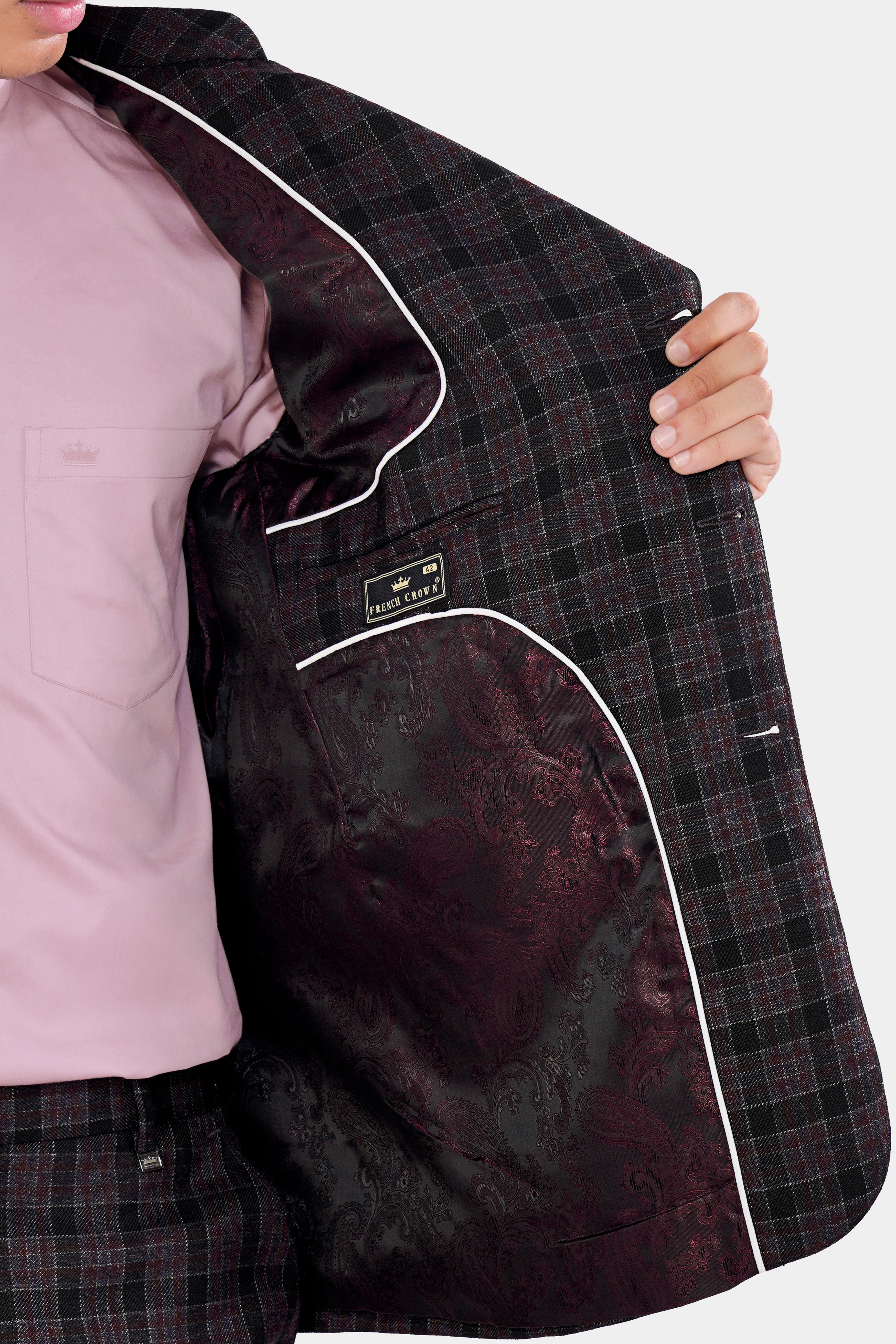 Byzantium Pink and Black Tweed Plaid Cross Buttoned Bandhgala Blazer BL2963-CBG-36, BL2963-CBG-38, BL2963-CBG-40, BL2963-CBG-42, BL2963-CBG-44, BL2963-CBG-46, BL2963-CBG-48, BL2963-CBG-50, BL2963-CBG-52, BL2963-CBG-54, BL2963-CBG-56, BL2963-CBG-58, BL2963-CBG-60