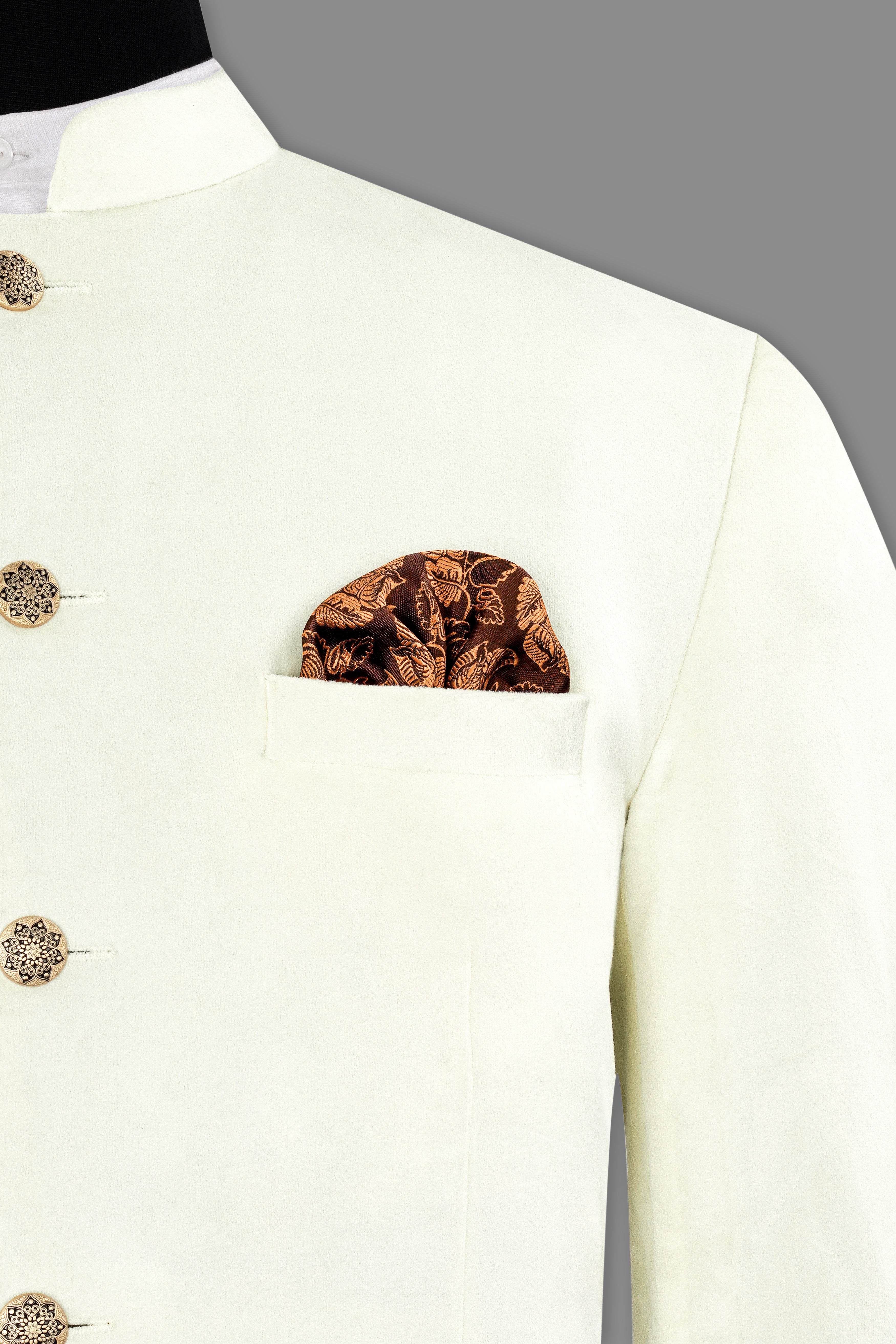 Merino Cream Bandhgala Velvet Blazer BL2987-BG-36, BL2987-BG-38, BL2987-BG-40, BL2987-BG-42, BL2987-BG-44, BL2987-BG-46, BL2987-BG-48, BL2987-BG-50, BL2987-BG-52, BL2987-BG-54, BL2987-BG-56, BL2987-BG-58, BL2987-BG-60