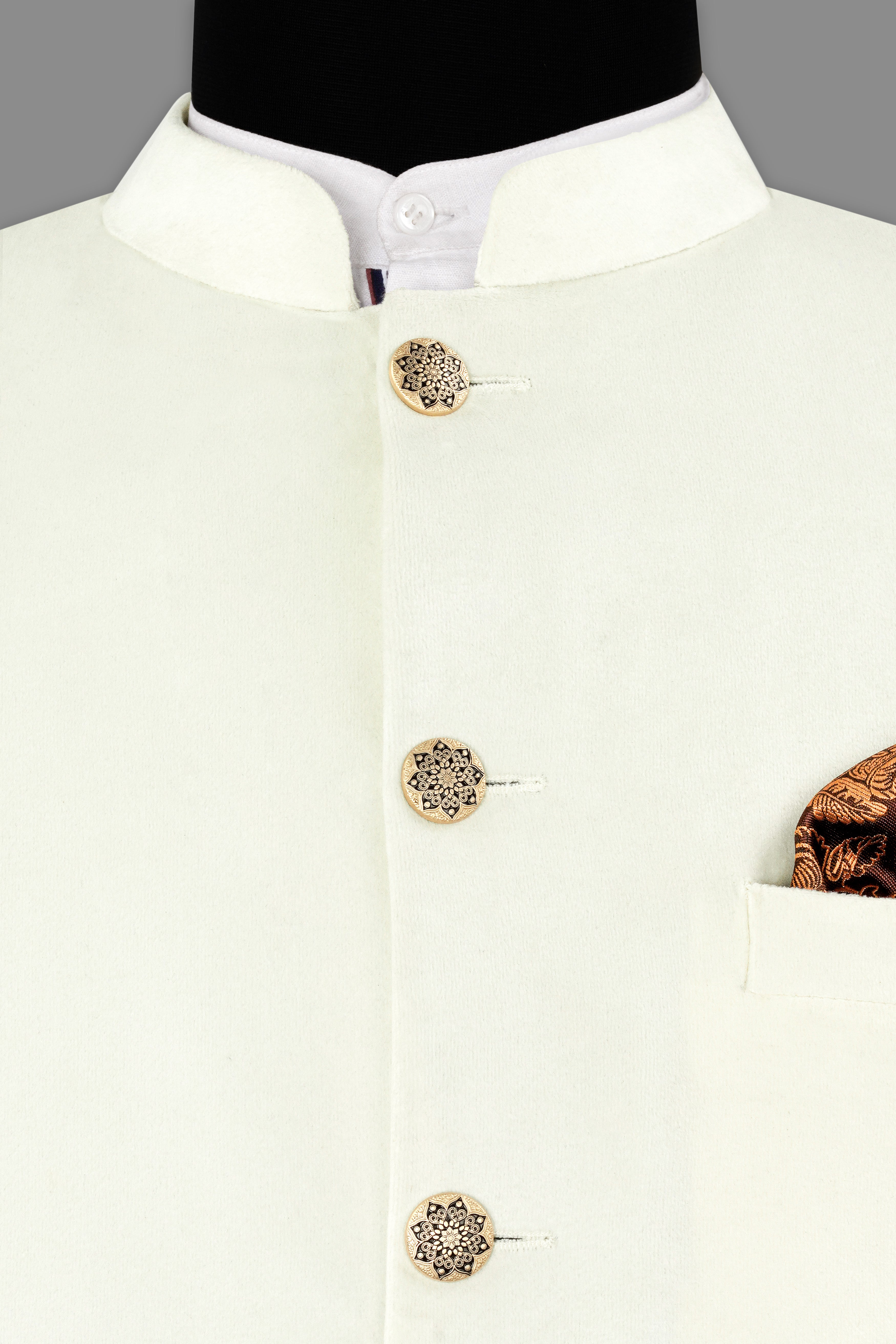 Merino Cream Bandhgala Velvet Blazer BL2987-BG-36, BL2987-BG-38, BL2987-BG-40, BL2987-BG-42, BL2987-BG-44, BL2987-BG-46, BL2987-BG-48, BL2987-BG-50, BL2987-BG-52, BL2987-BG-54, BL2987-BG-56, BL2987-BG-58, BL2987-BG-60