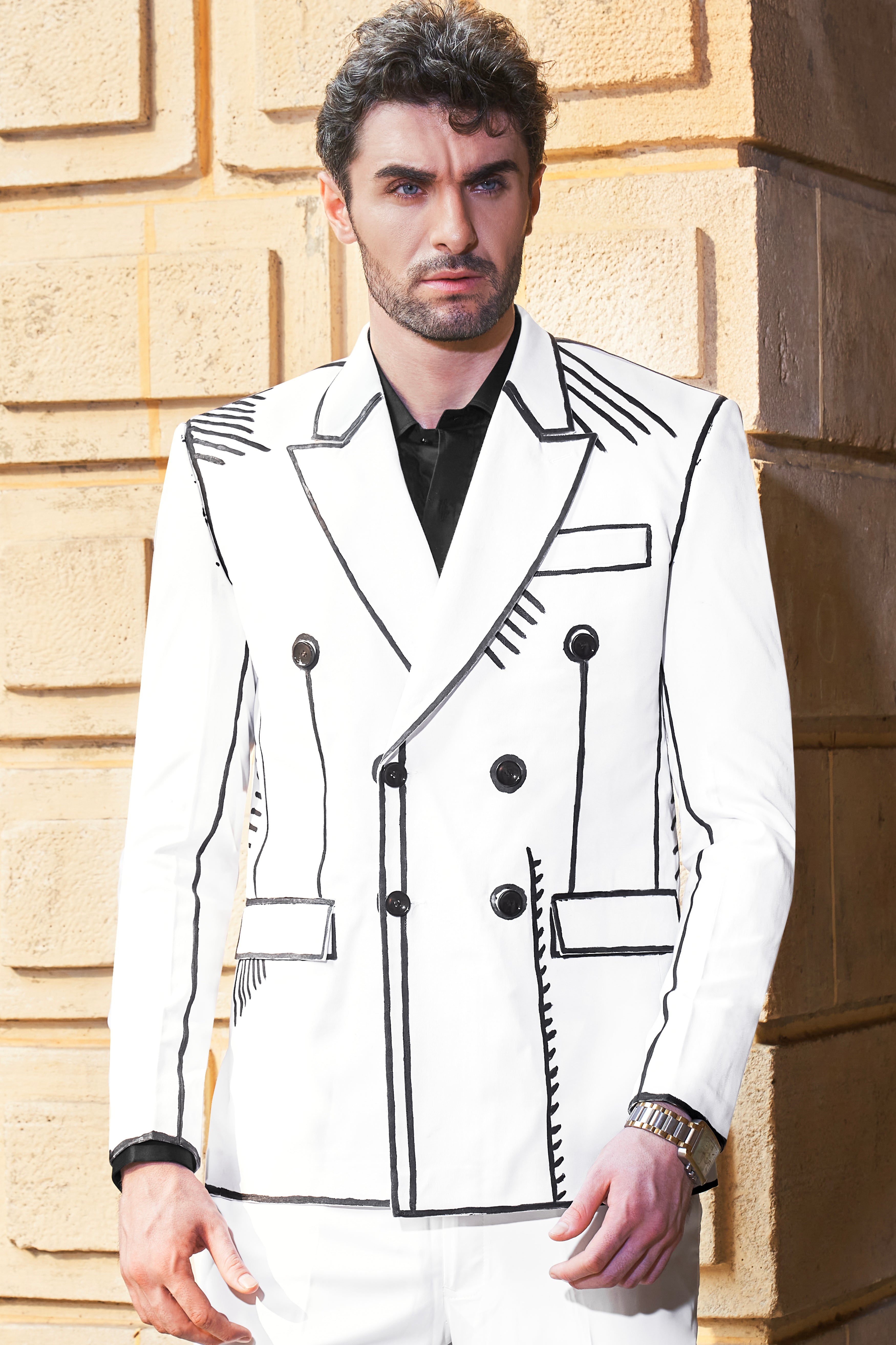 Bright White with Black Stretchable Hand Painted Designer Blazer