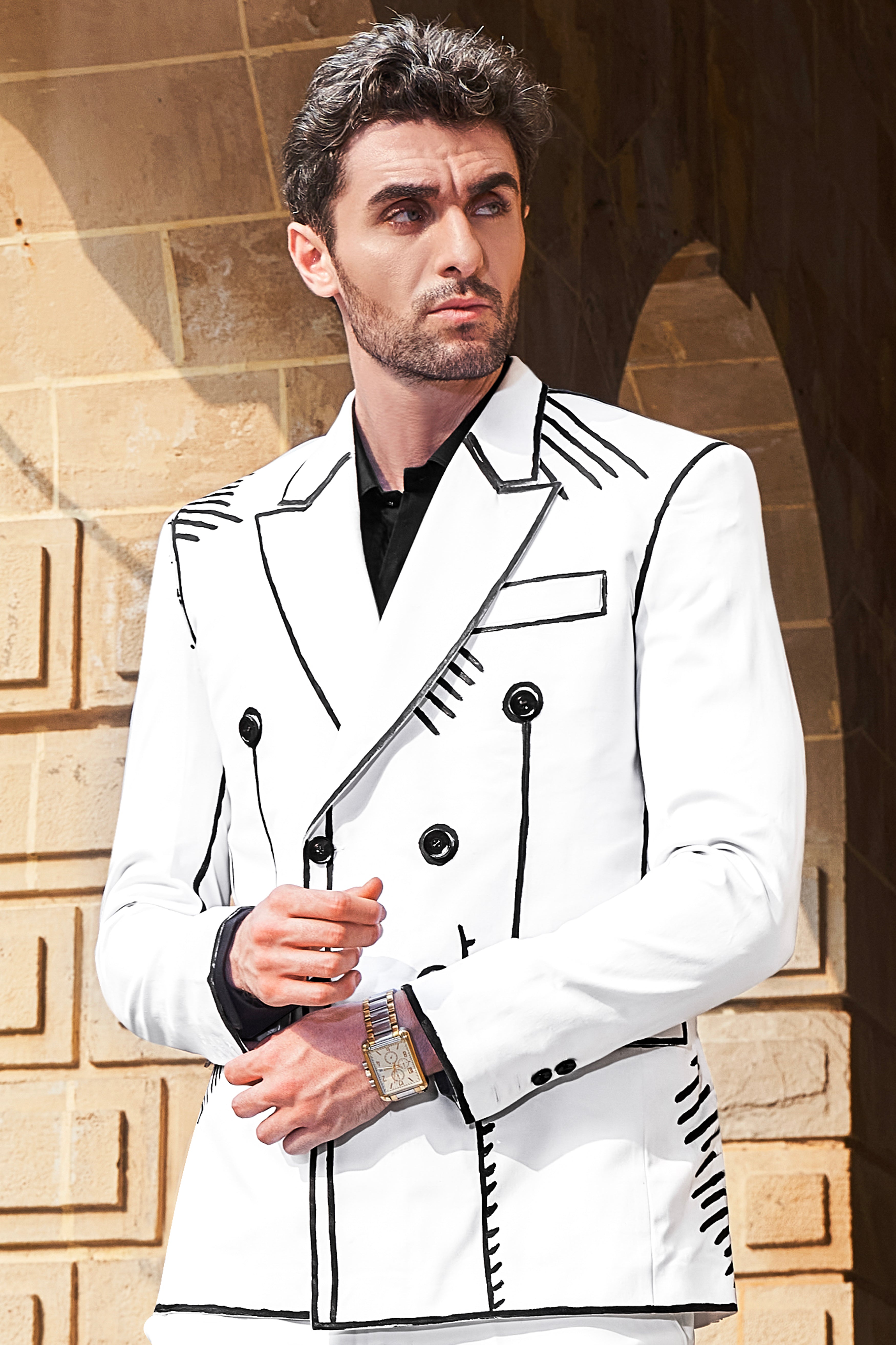 Bright White with Black Stretchable Hand Painted Designer Blazer