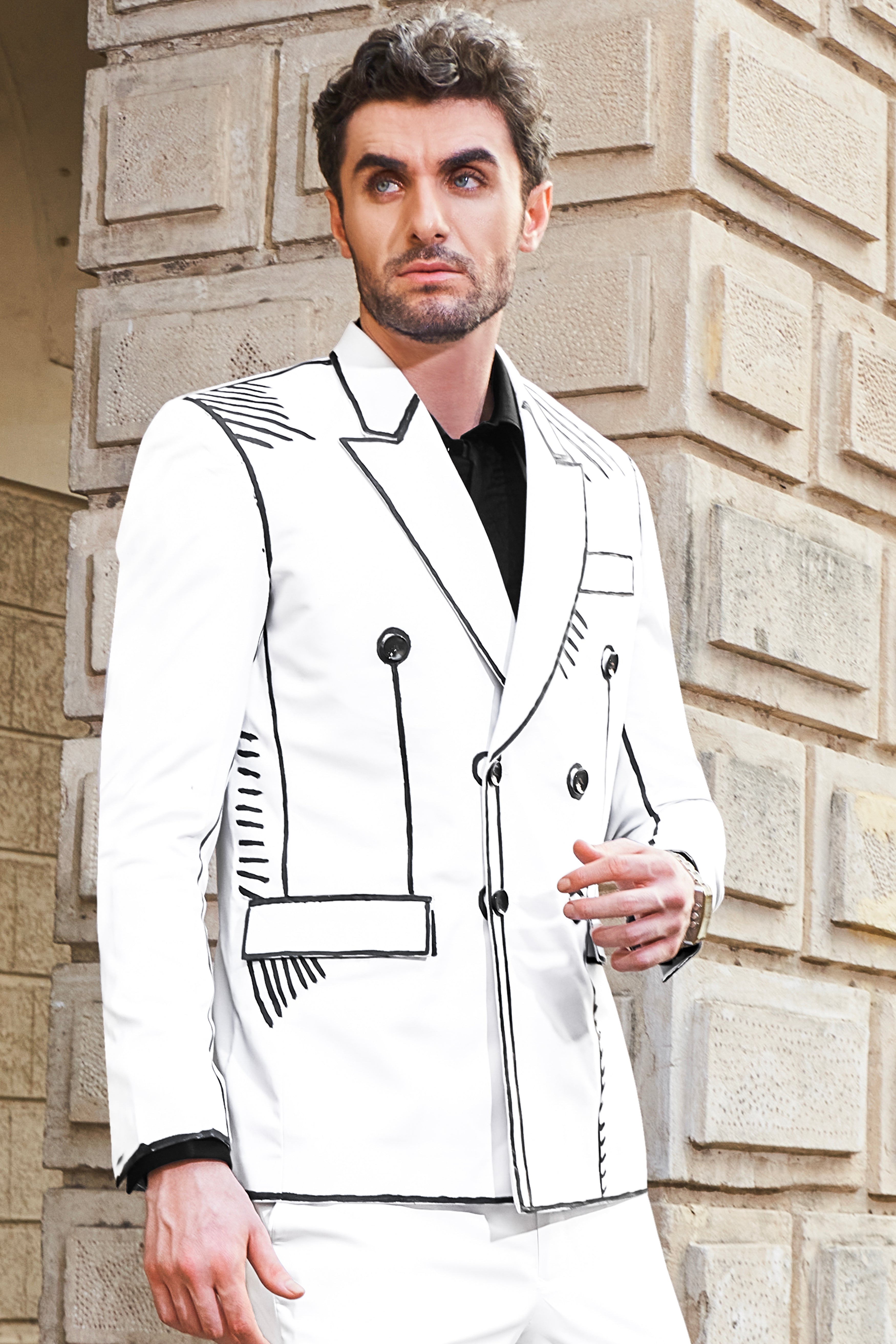 Bright White with Black Stretchable Hand Painted Designer Blazer