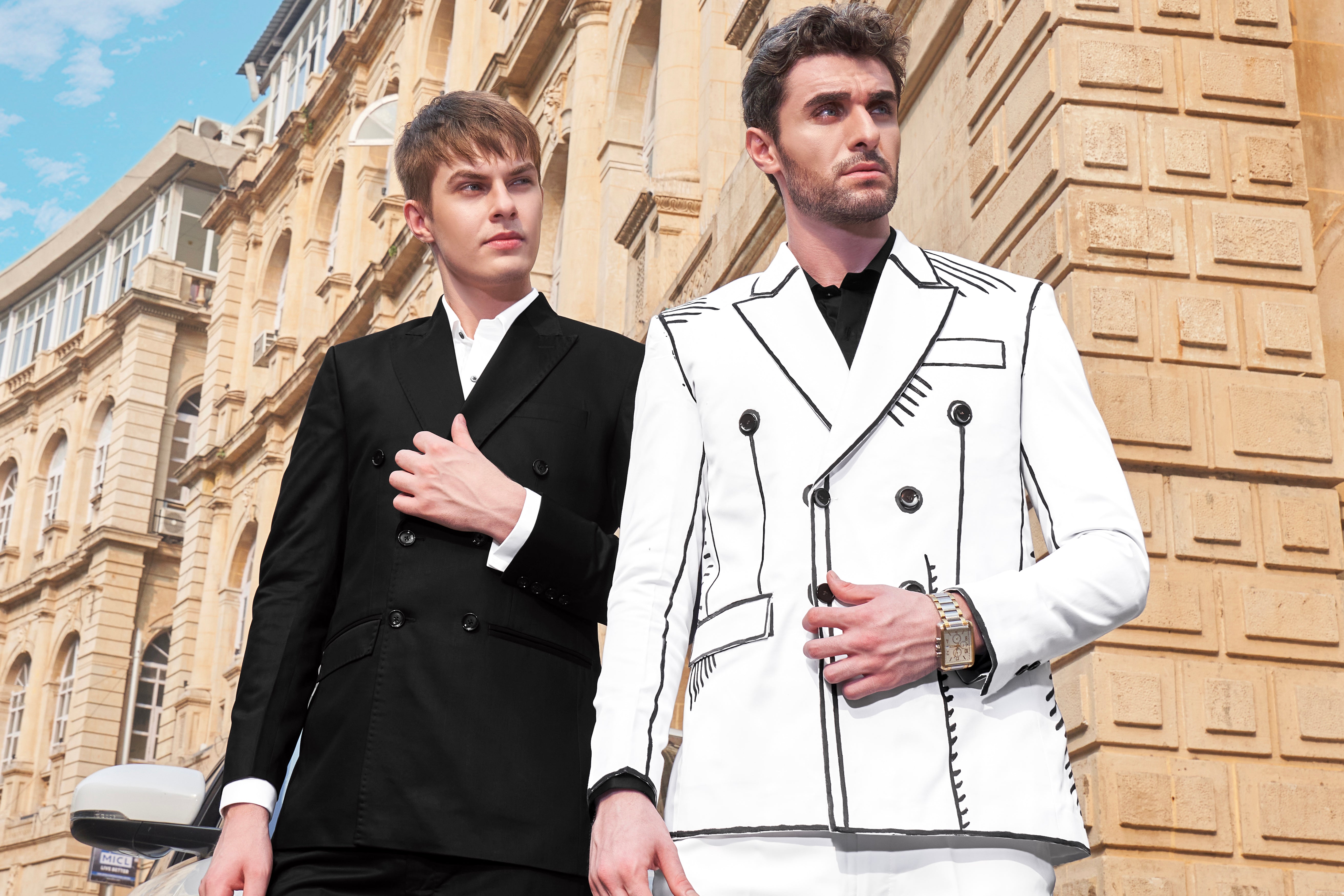 Bright White with Black Stretchable Hand Painted Designer Blazer