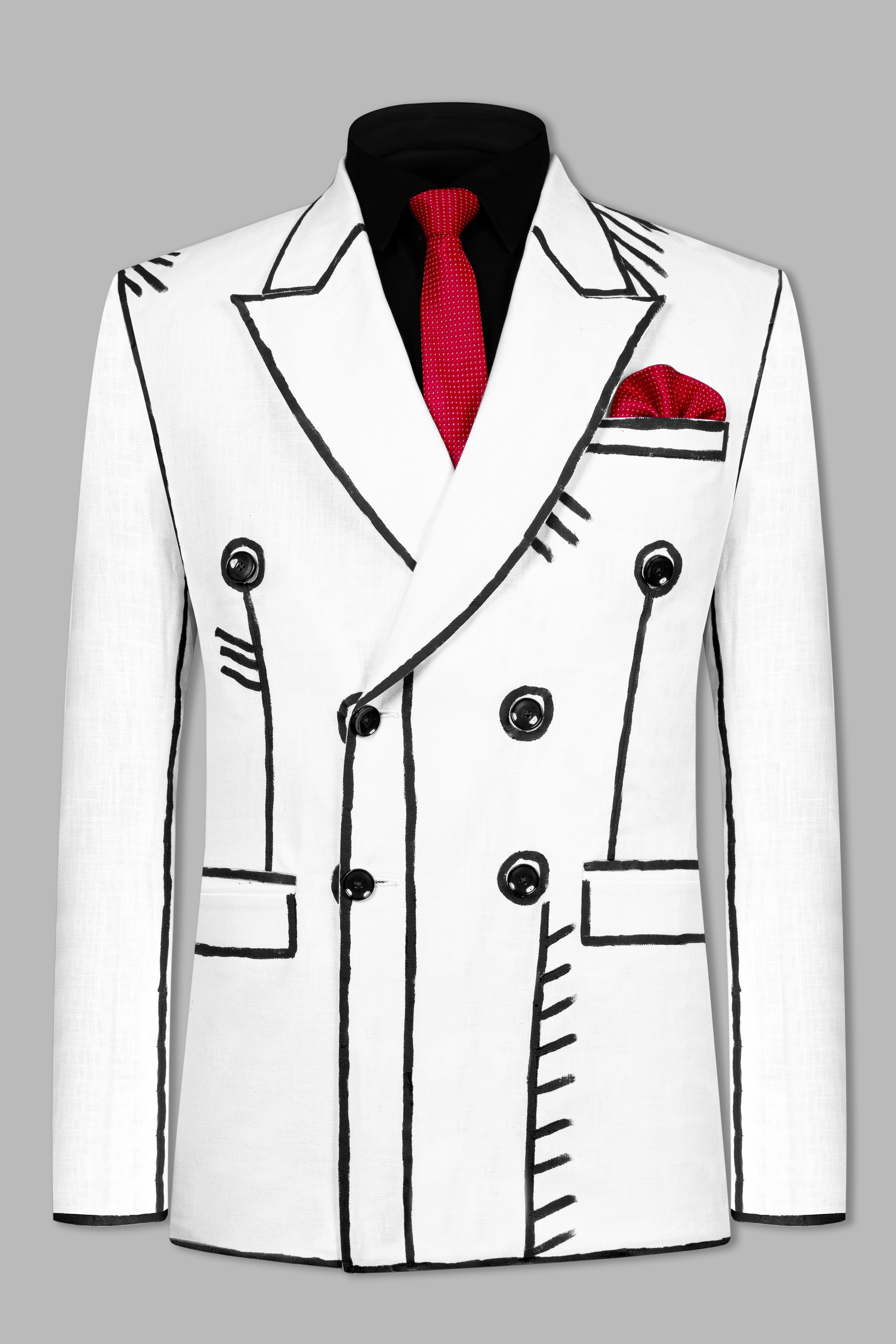 Bright White with Black Stretchable Hand Painted Designer Blazer