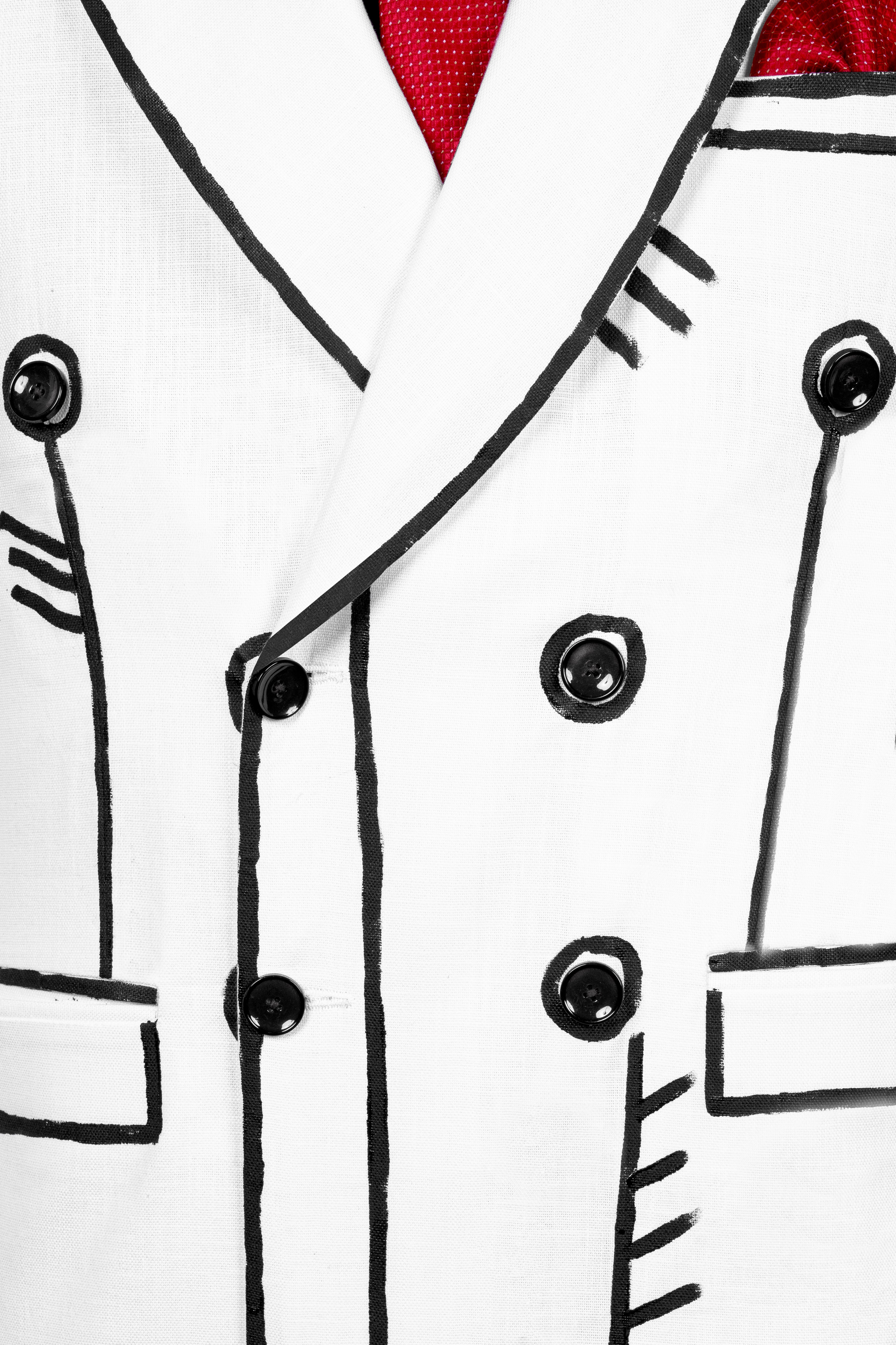 Bright White with Black Stretchable Hand Painted Designer Blazer