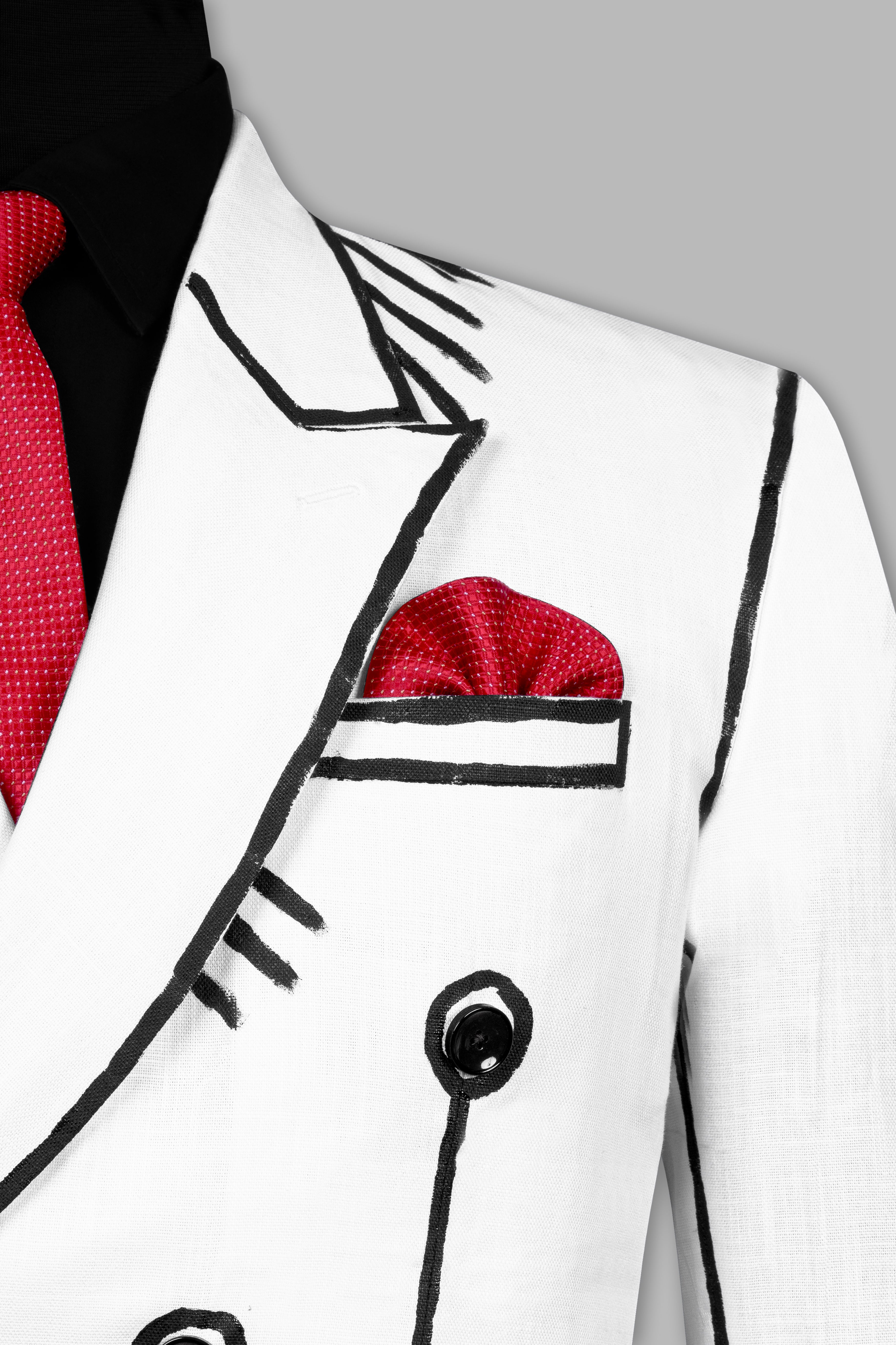 Bright White with Black Stretchable Hand Painted Designer Blazer