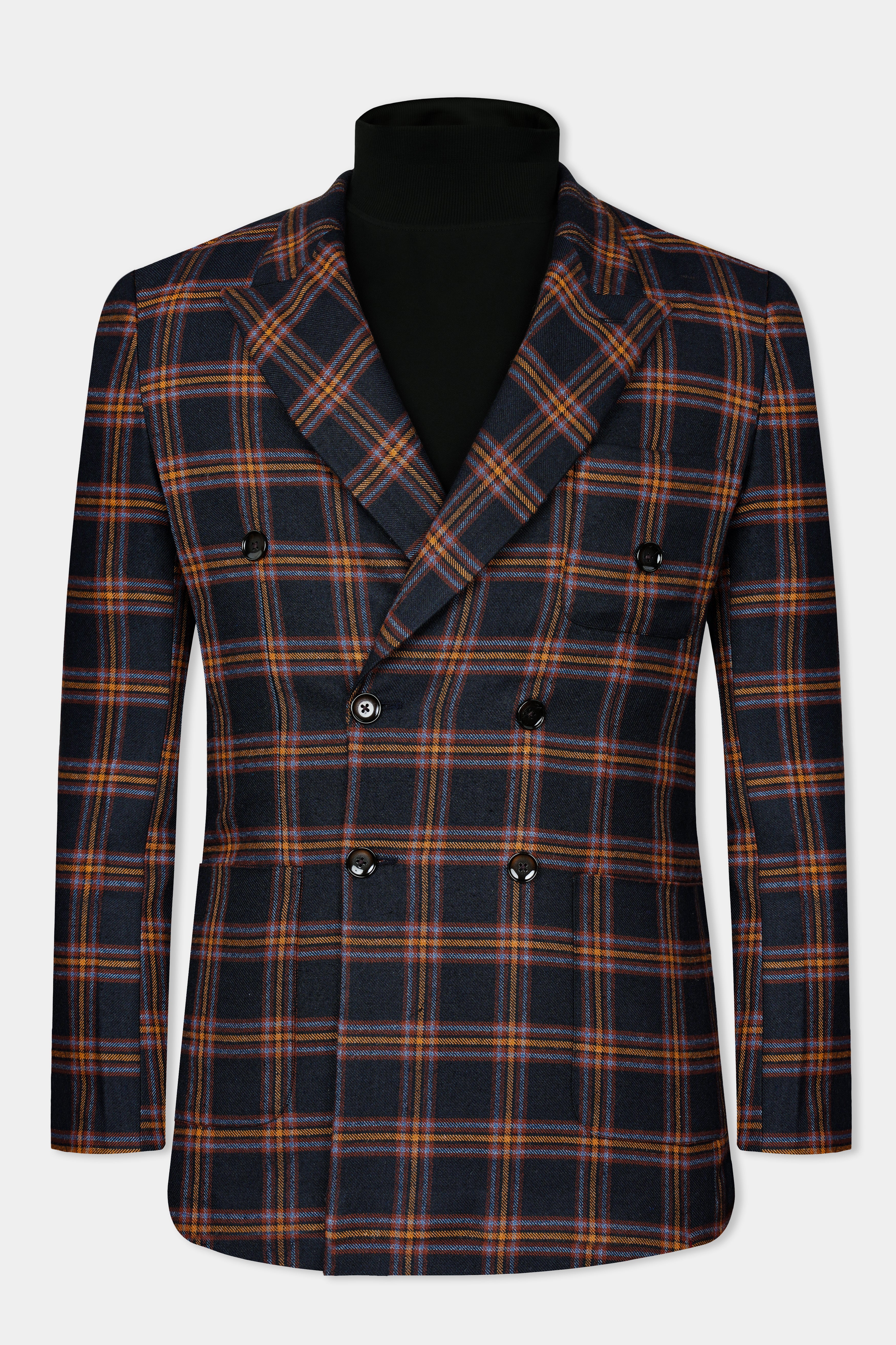 Ebony Blue and Mocha Brown Plaid Tweed Double Breasted Blazer ,BL3046-DB-PP-36, BL3046-DB-PP-38, BL3046-DB-PP-40, BL3046-DB-PP-42, BL3046-DB-PP-44, BL3046-DB-PP-46, BL3046-DB-PP-48, BL3046-DB-PP-50, BL3046-DB-PP-52, BL3046-DB-PP-54, BL3046-DB-PP-56, BL3046-DB-PP-58, BL3046-DB-PP-60