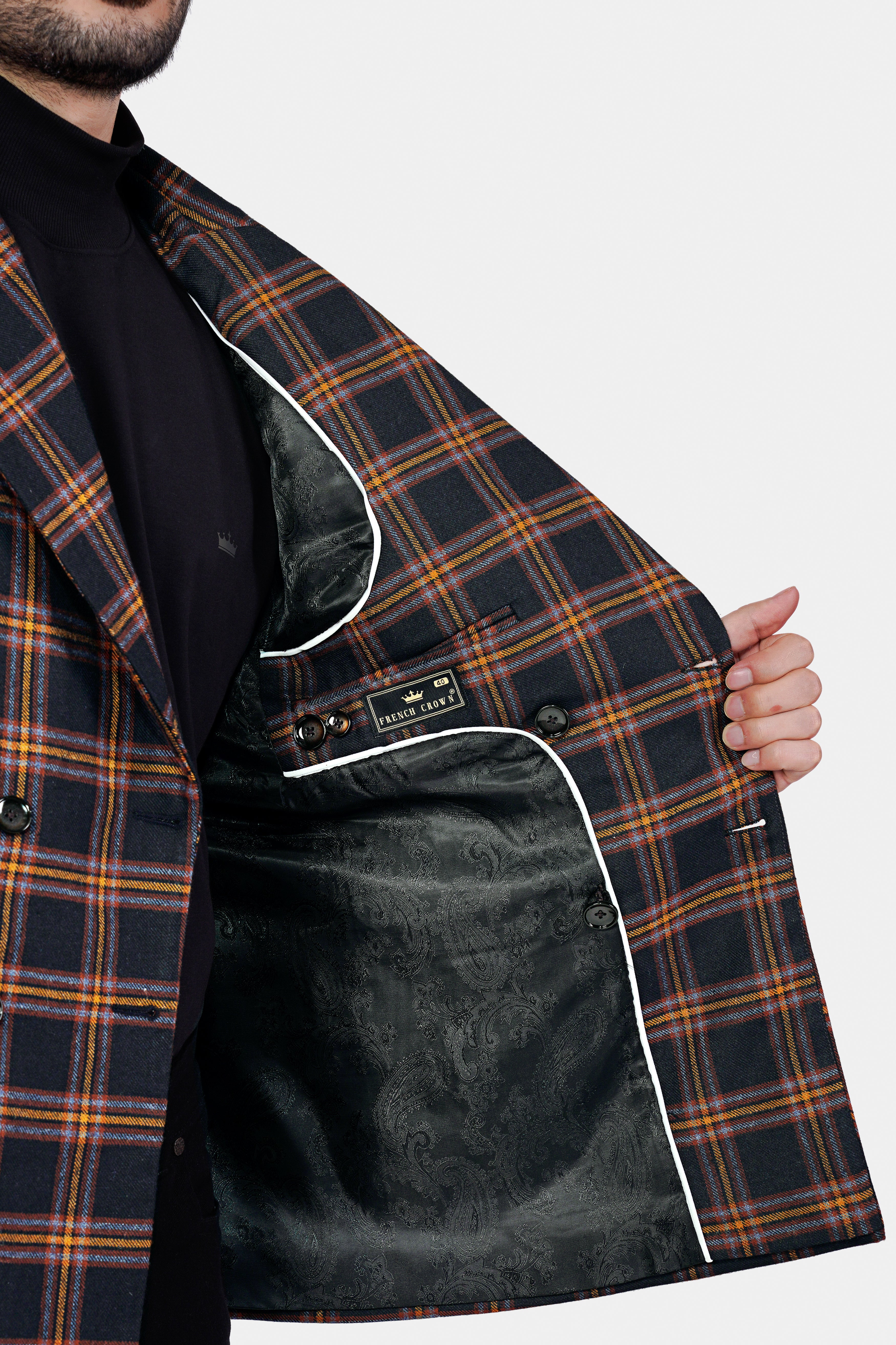 Ebony Blue and Mocha Brown Plaid Tweed Double Breasted Blazer ,BL3046-DB-PP-36, BL3046-DB-PP-38, BL3046-DB-PP-40, BL3046-DB-PP-42, BL3046-DB-PP-44, BL3046-DB-PP-46, BL3046-DB-PP-48, BL3046-DB-PP-50, BL3046-DB-PP-52, BL3046-DB-PP-54, BL3046-DB-PP-56, BL3046-DB-PP-58, BL3046-DB-PP-60