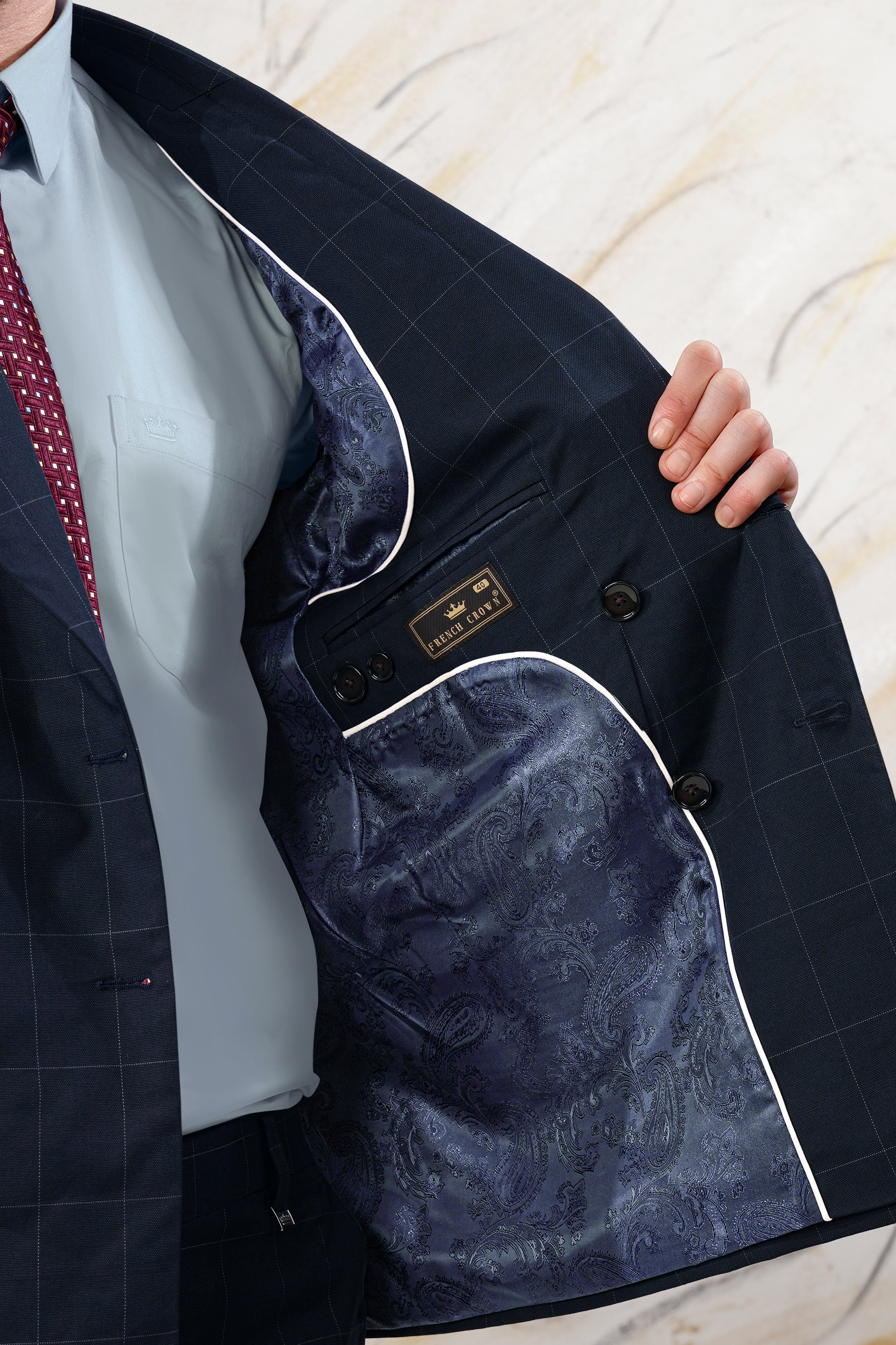 Ebony Blue Windowpane Premium Cotton Double Breasted Blazer BL3074-DB-36, BL3074-DB-38, BL3074-DB-40, BL3074-DB-42, BL3074-DB-44, BL3074-DB-46, BL3074-DB-48, BL3074-DB-50, BL3074-DB-52, BL3074-DB-54, BL3074-DB-56, BL3074-DB-58, BL3074-DB-60