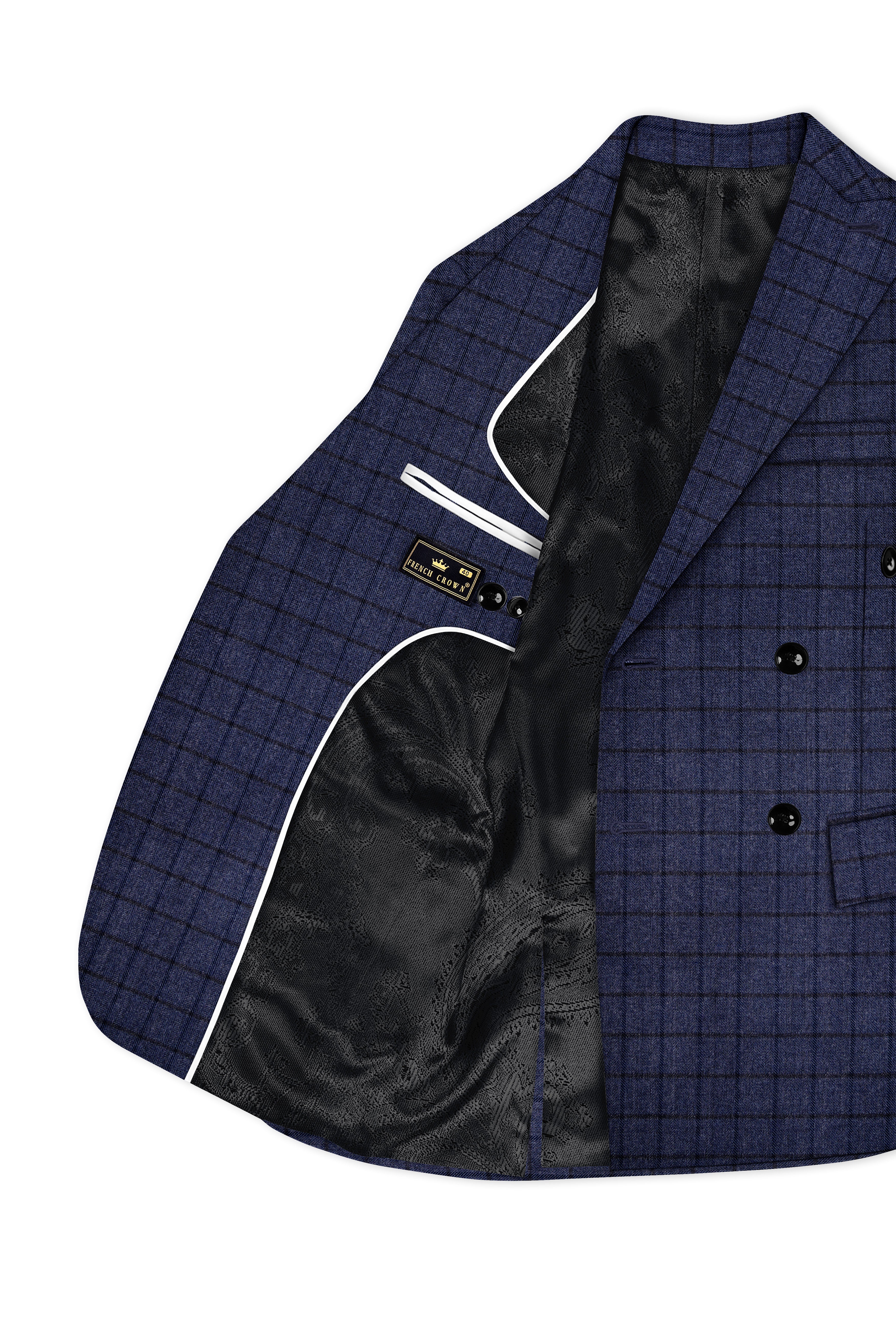Ebony Clay Blue Windowpane Tweed Double Breasted Blazer