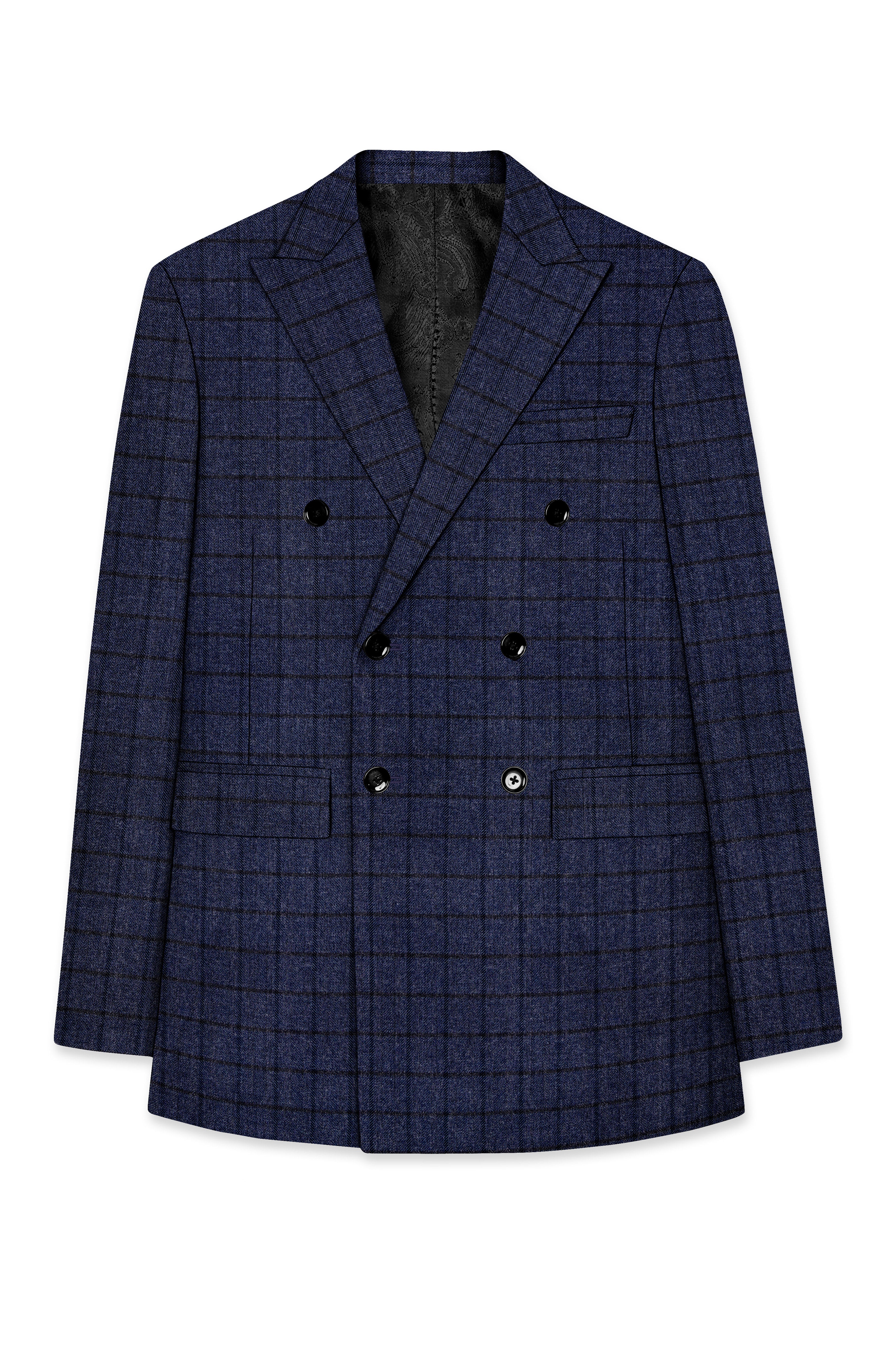Ebony Clay Blue Windowpane Tweed Double Breasted Blazer