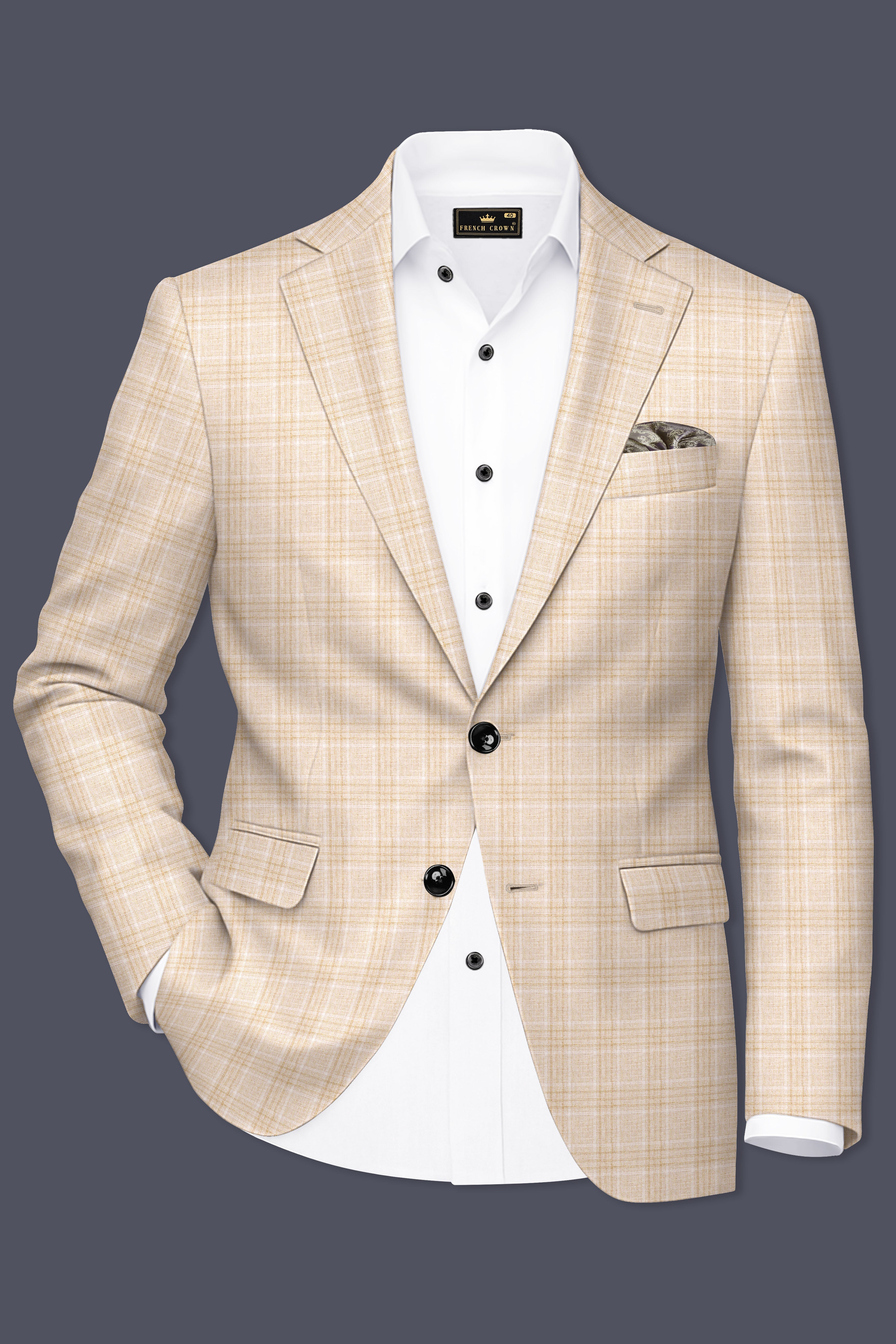 Hampton Beige Wool Rich Plaid Single Breasted Blazer
