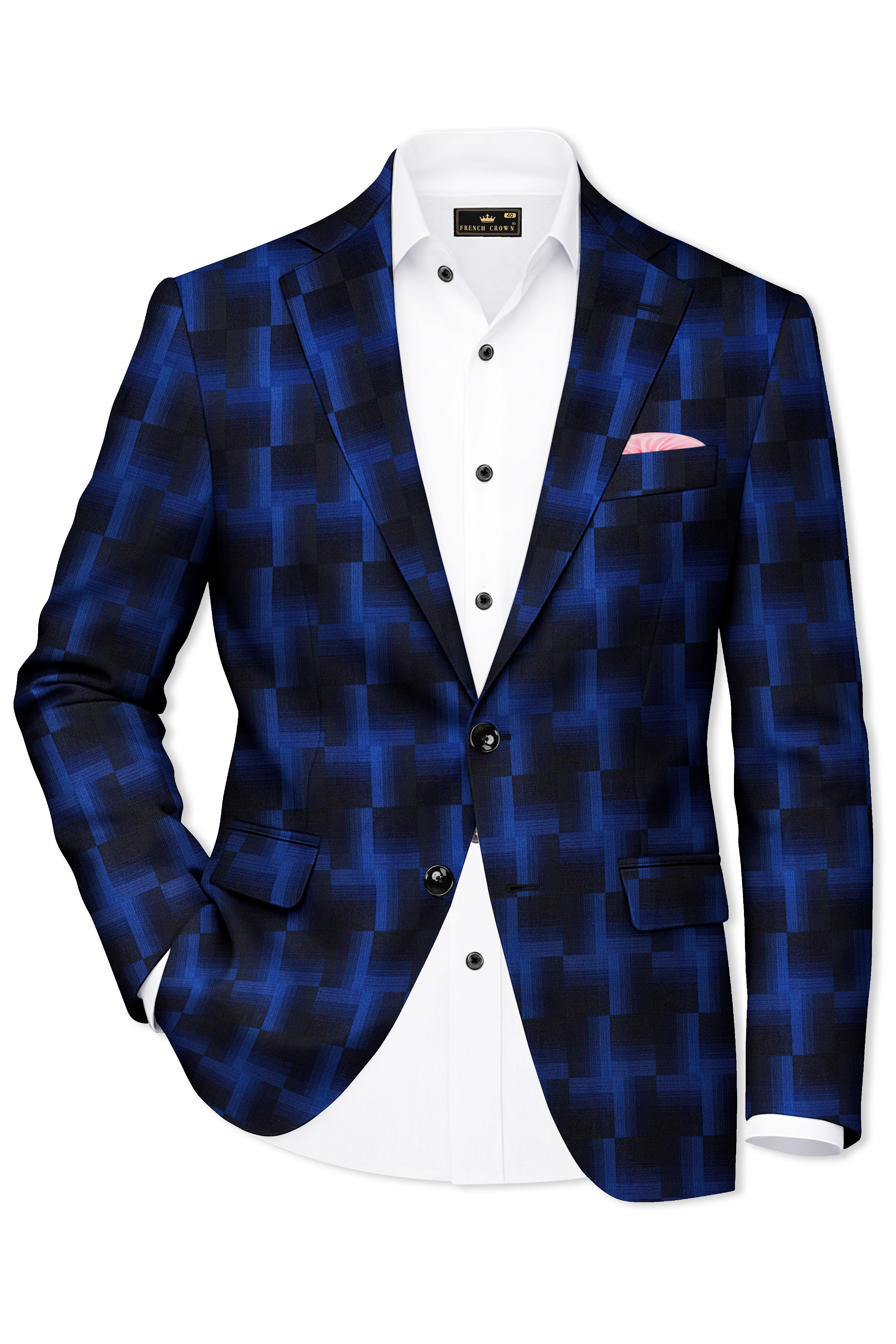 Marine Blue and Black Geometric Pattern Wool Rich Blazer